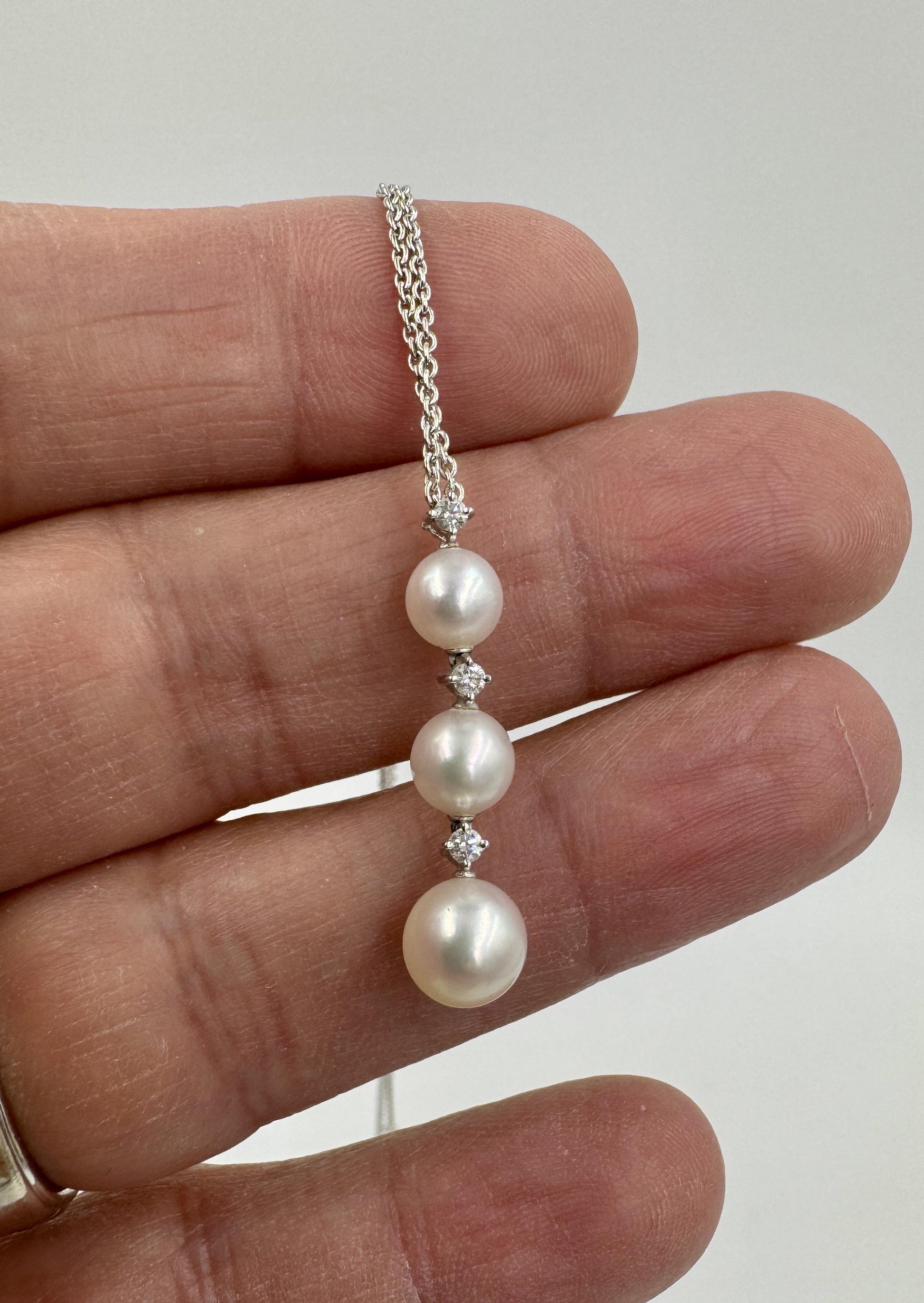 Mikimoto 18k White Gold Diamond and Pearl Drop Pendant 18"