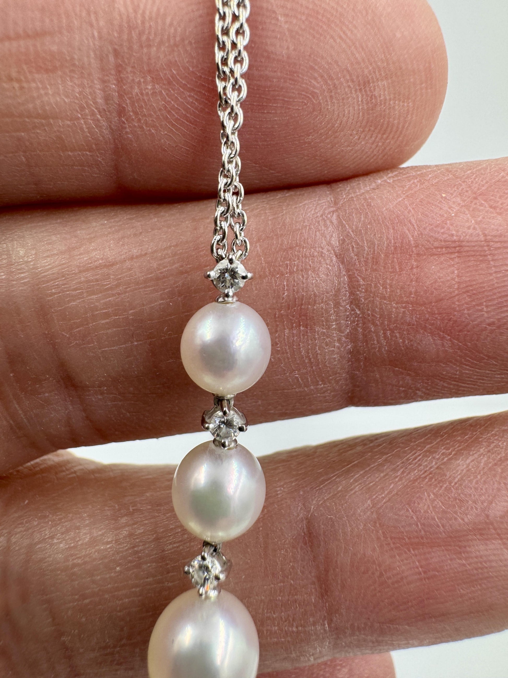 Mikimoto 18k White Gold Diamond and Pearl Drop Pendant 18"