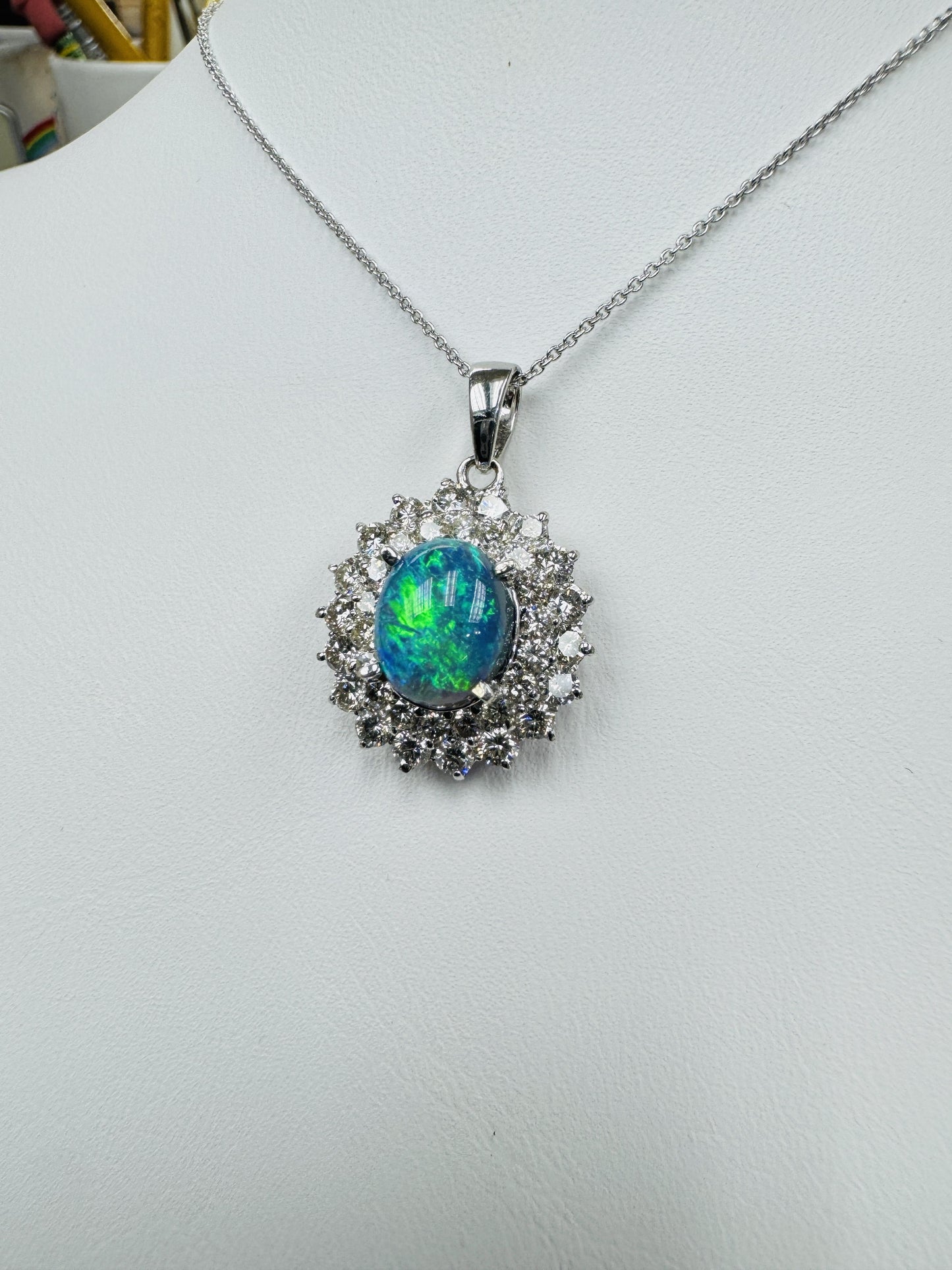 Estate Black Opal Diamond Pendant Necklace 18k White Gold