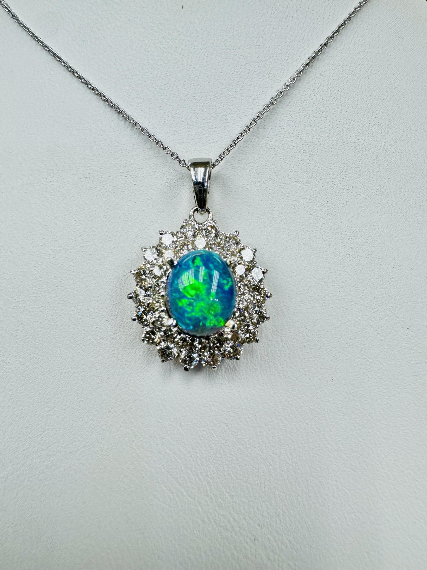 Estate Black Opal Diamond Pendant Necklace 18k White Gold