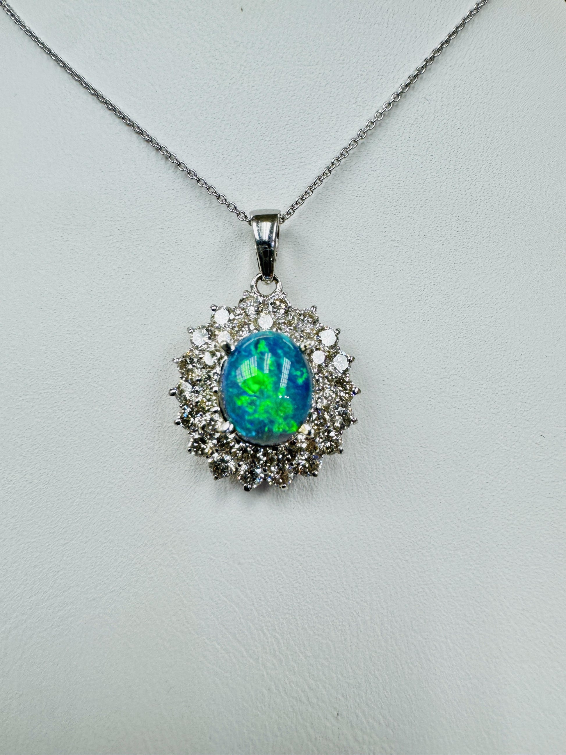 Estate Black Opal Diamond Pendant Necklace 18k White Gold