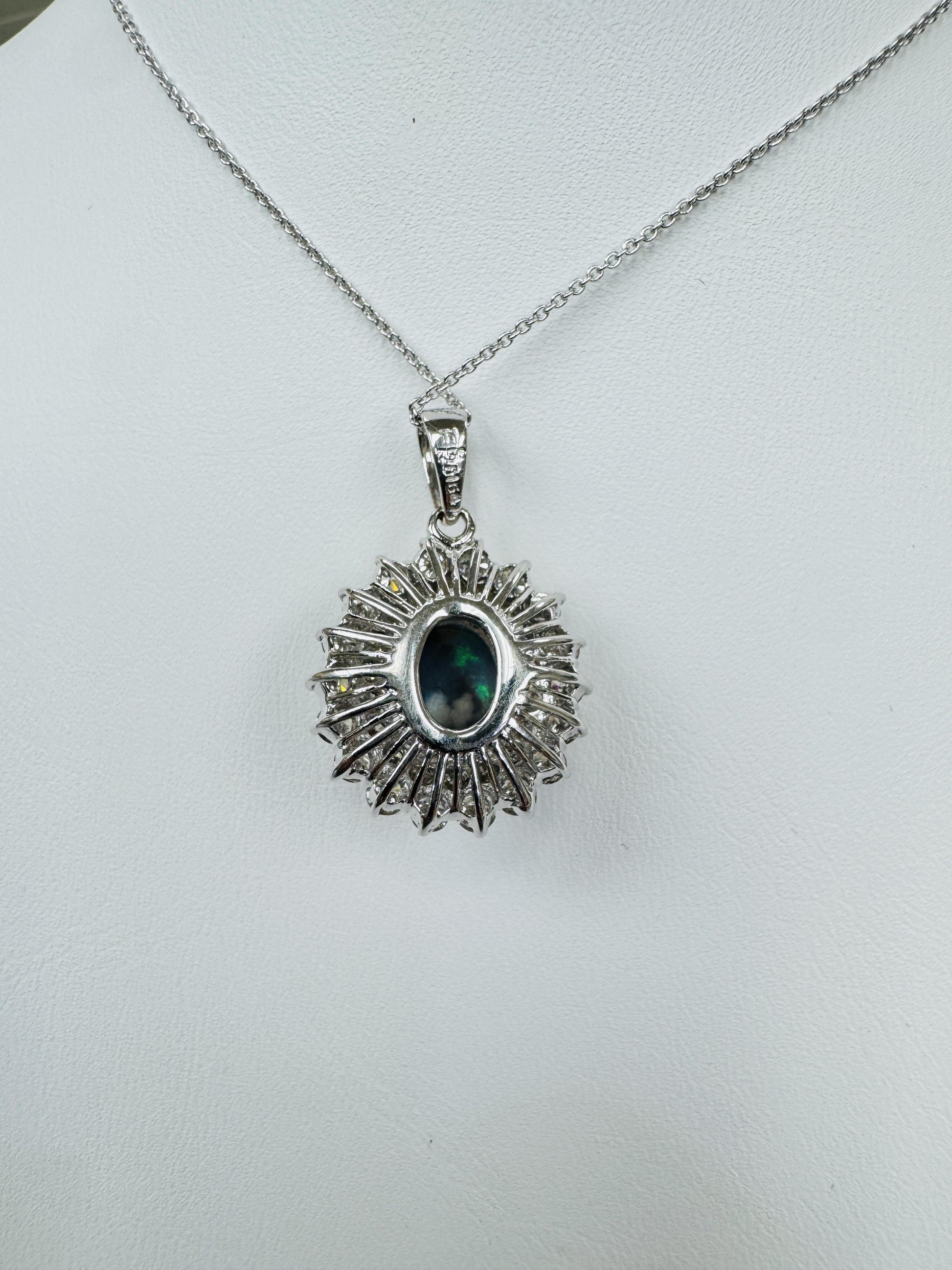 Estate Black Opal Diamond Pendant Necklace 18k White Gold
