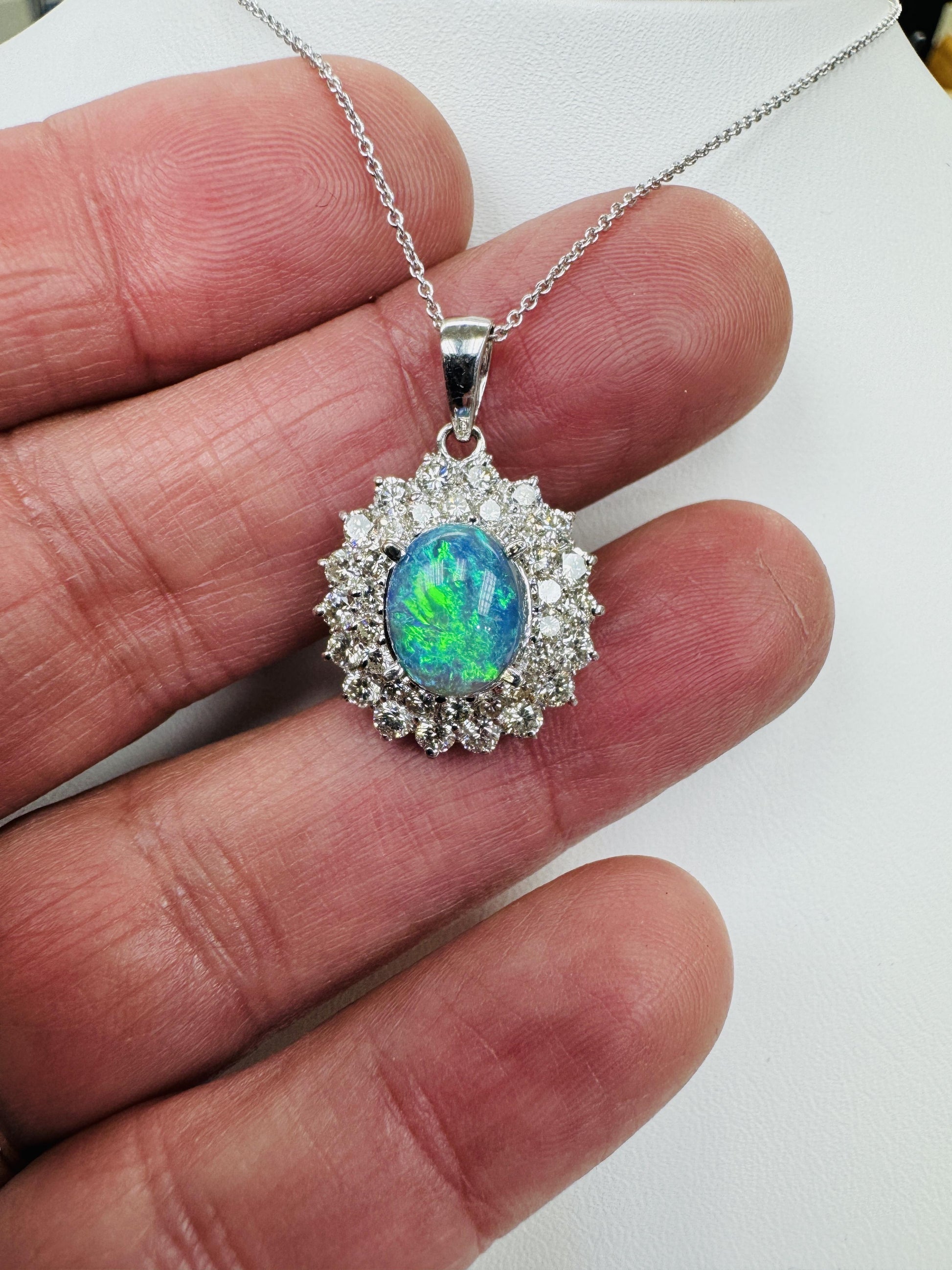 Estate Black Opal Diamond Pendant Necklace 18k White Gold