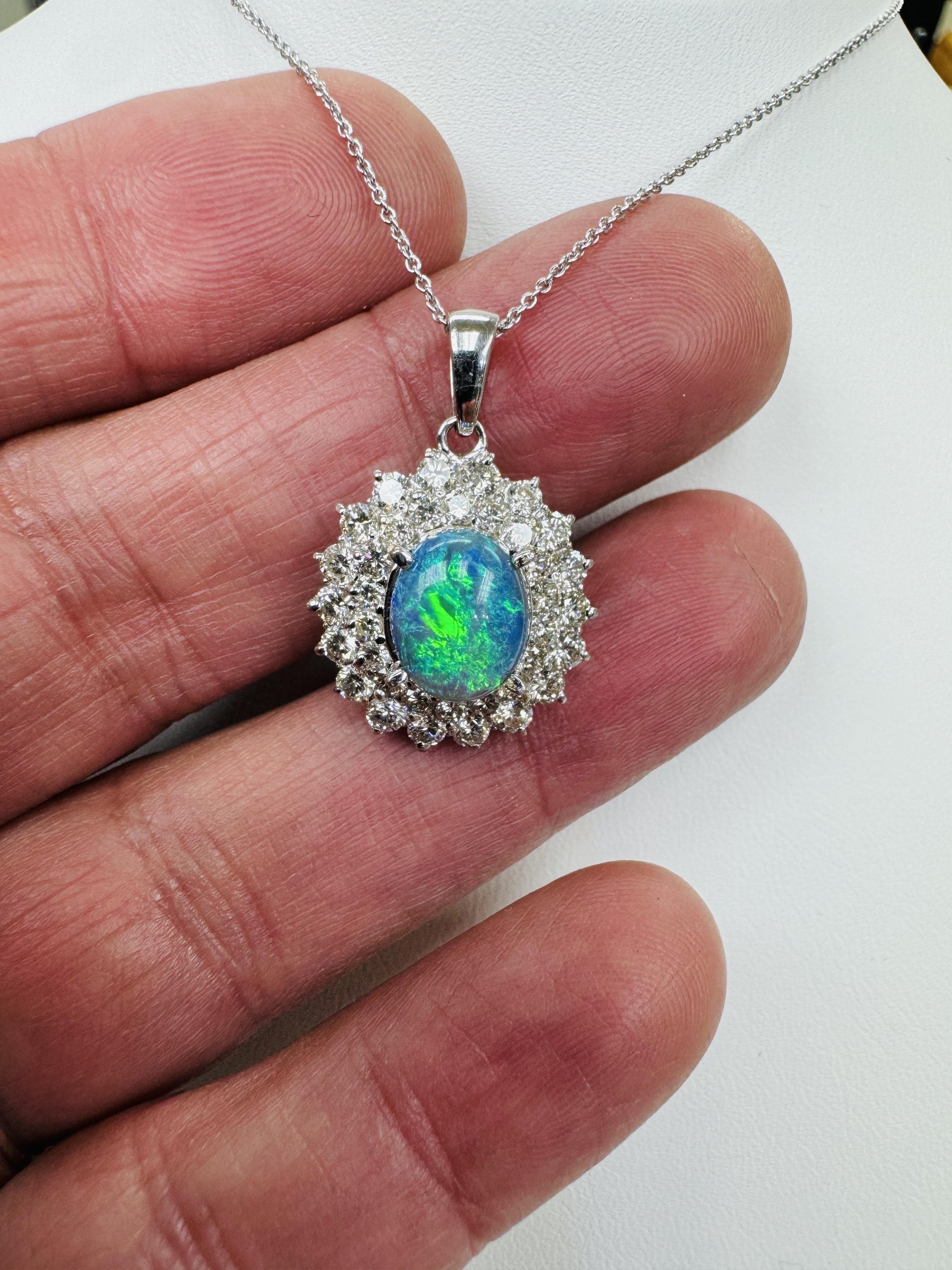 Estate Black Opal Diamond Pendant Necklace 18k White Gold