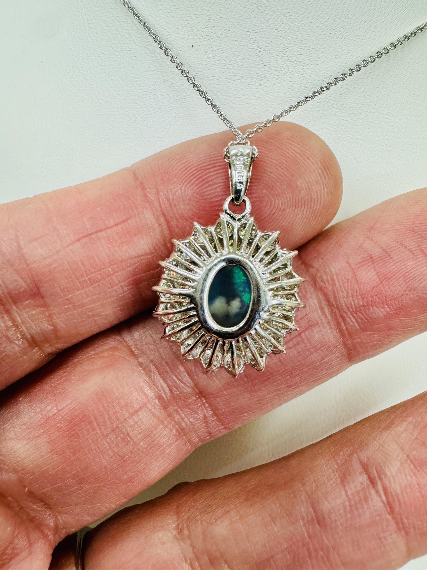 Estate Black Opal Diamond Pendant Necklace 18k White Gold