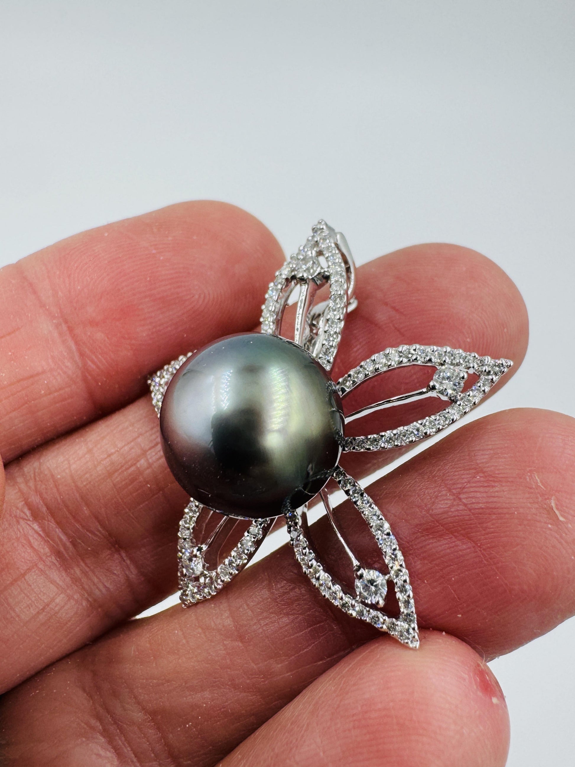 14mm Tahitian Pearl Diamond Flower Pendant Enhancer