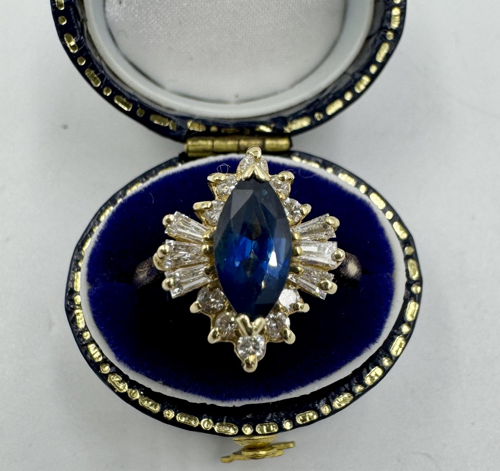1980s Marquis Sapphire and Diamond 14k Yellow Gold Cocktail Ring