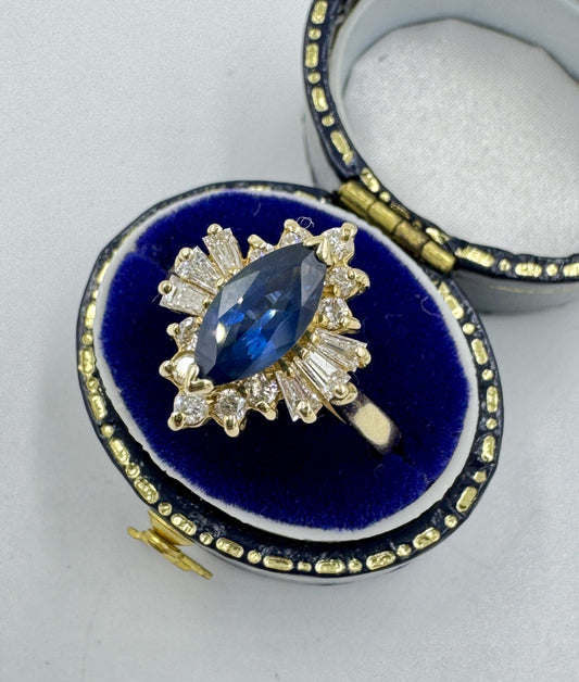 1980s Marquis Sapphire and Diamond 14k Yellow Gold Cocktail Ring