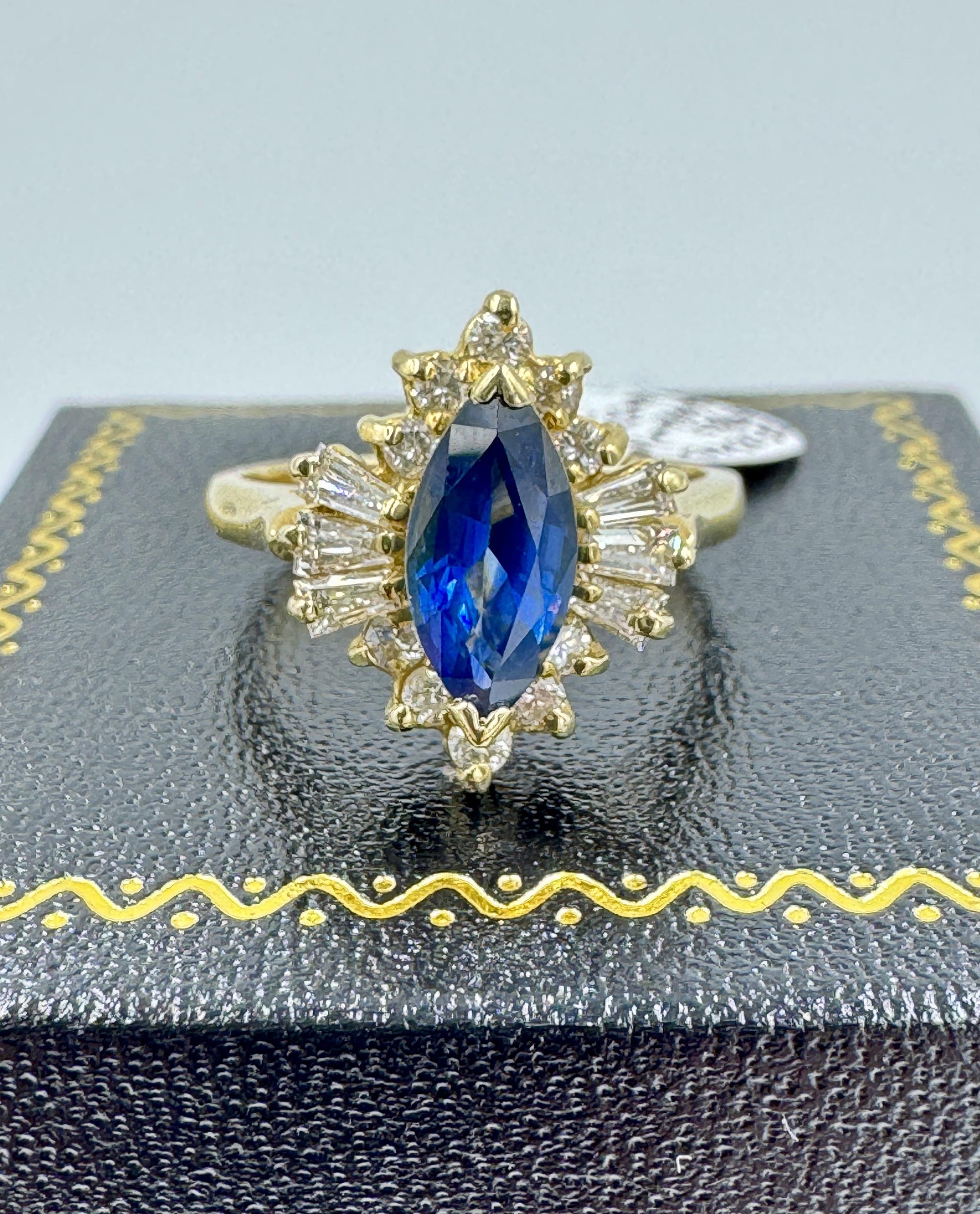 1980s Marquis Sapphire and Diamond 14k Yellow Gold Cocktail Ring