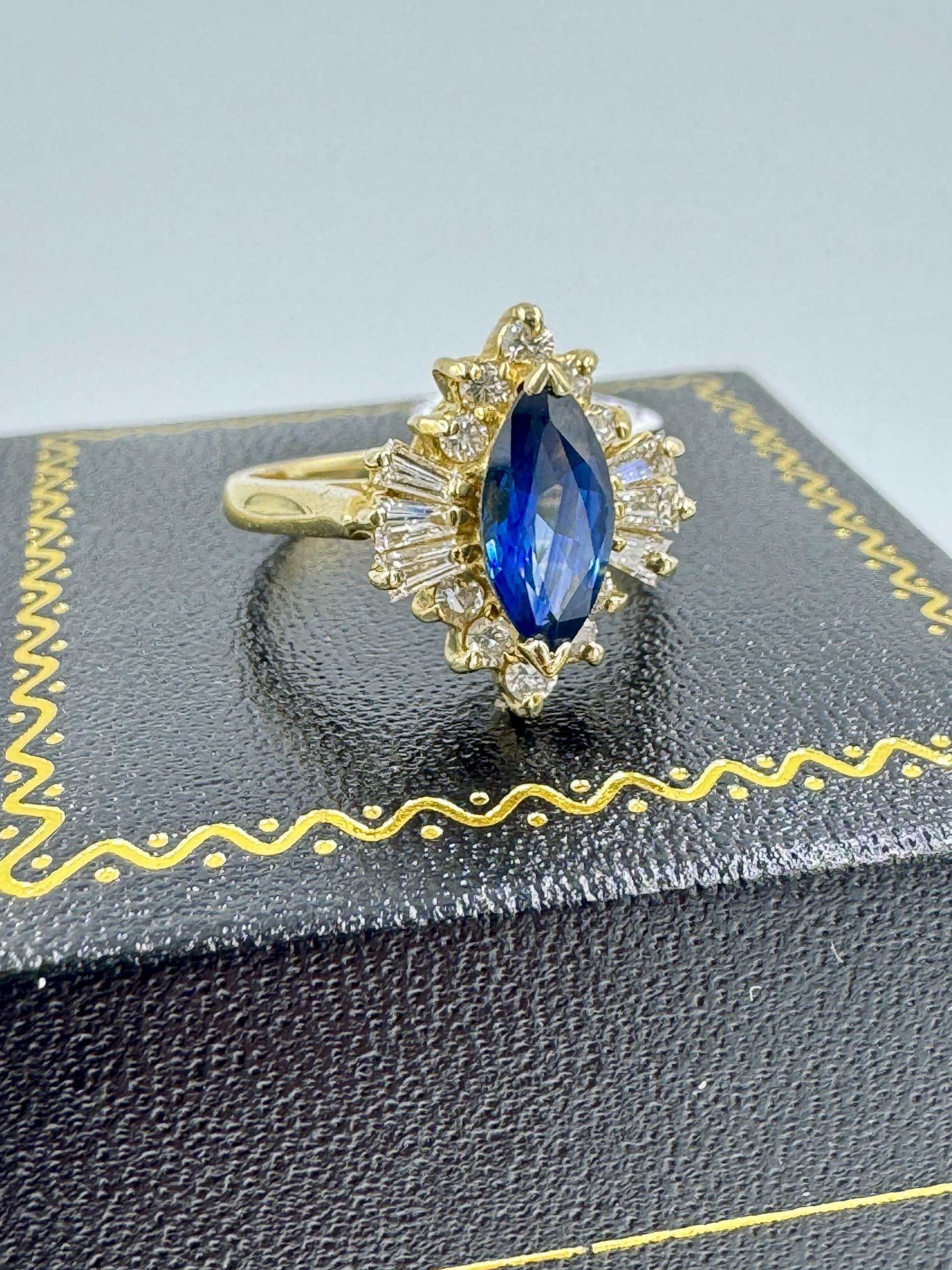 1980s Marquis Sapphire and Diamond 14k Yellow Gold Cocktail Ring