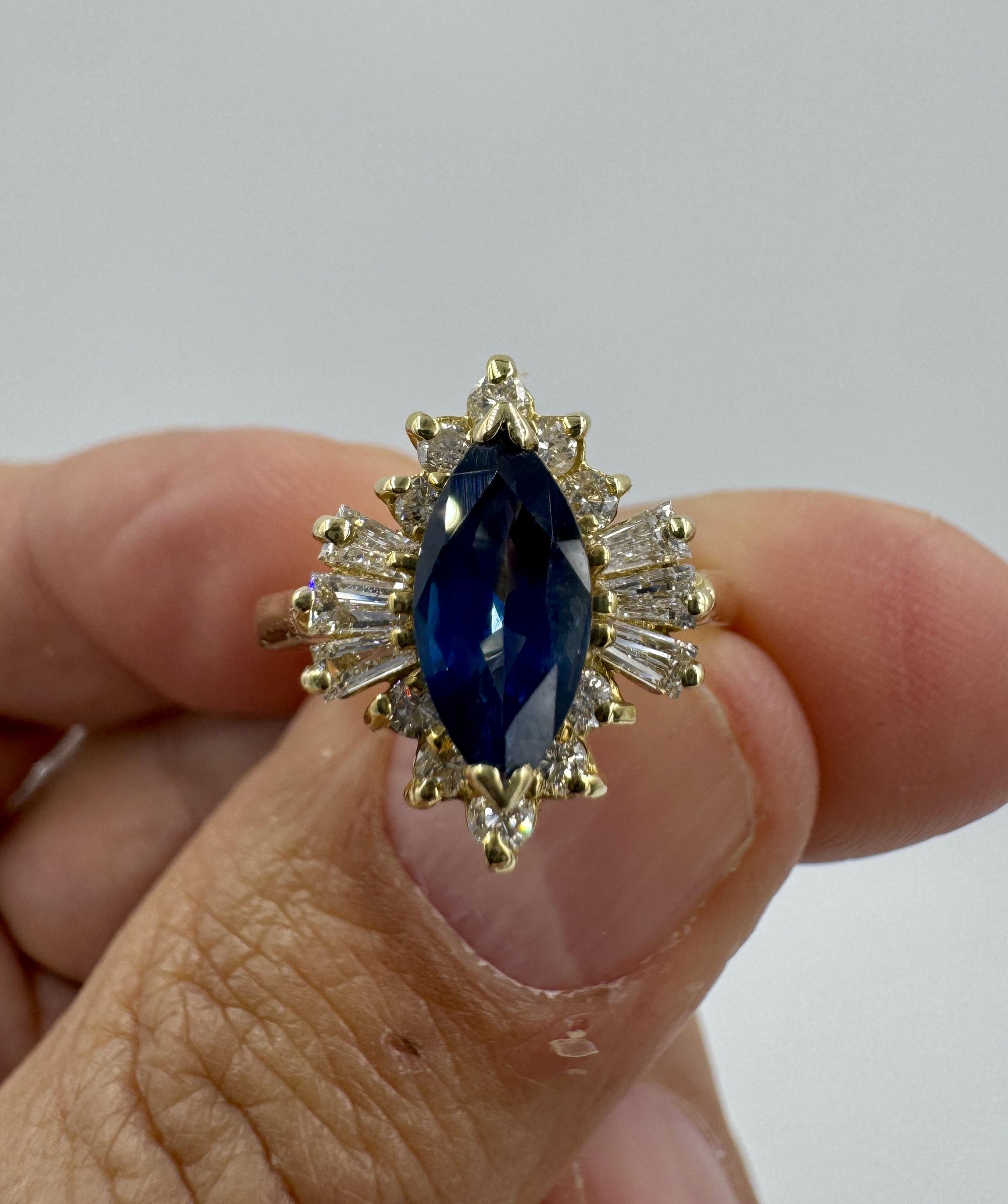 1980s Marquis Sapphire and Diamond 14k Yellow Gold Cocktail Ring