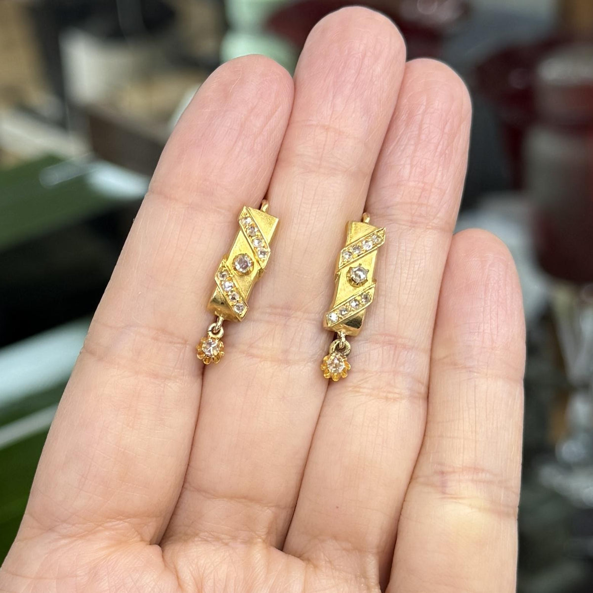 Antique 1900 Rose cut Diamond Earrings 18k Yellow Gold