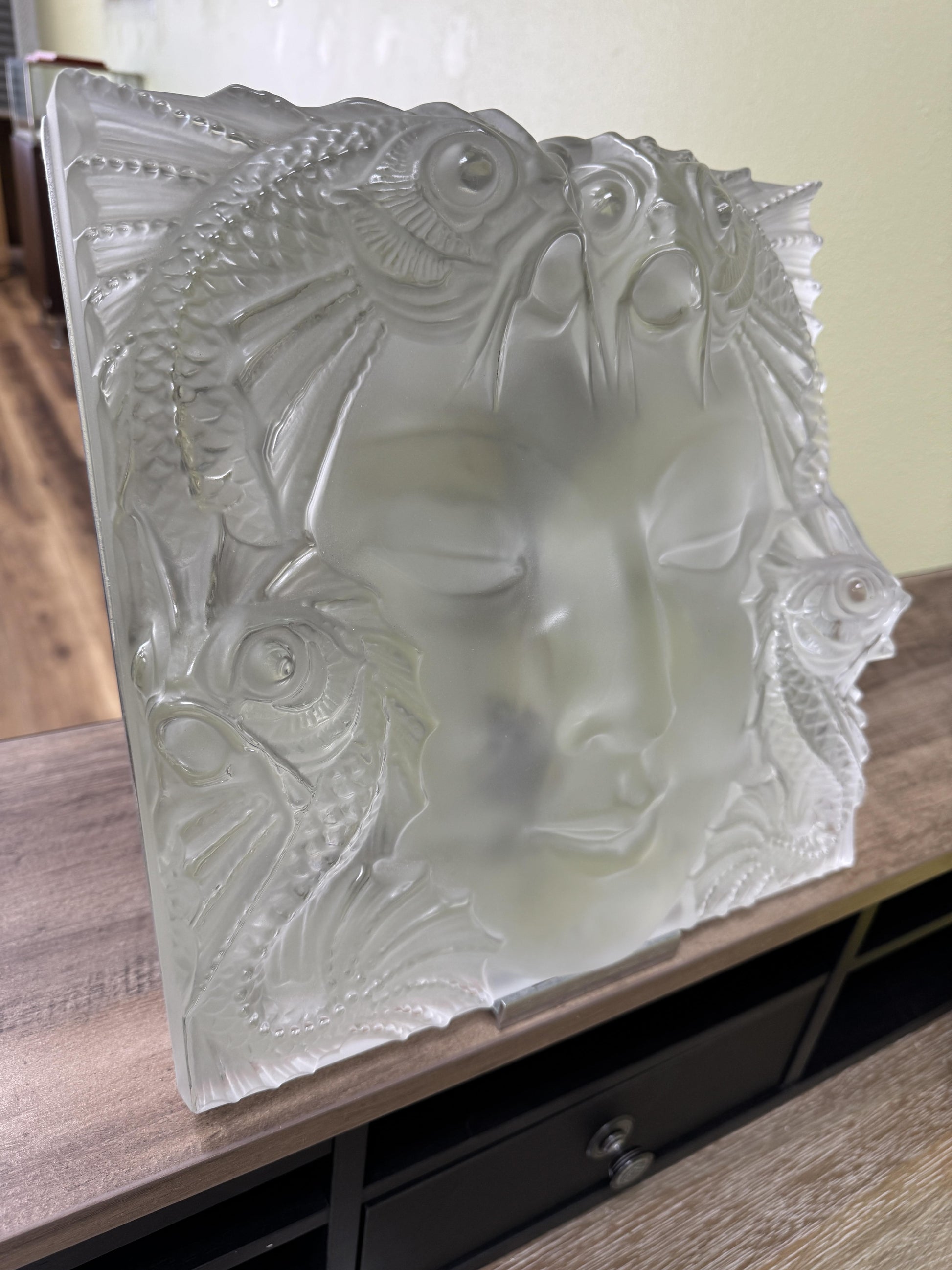 Rene Lalique Masque de femme Plaque with Stand 24”