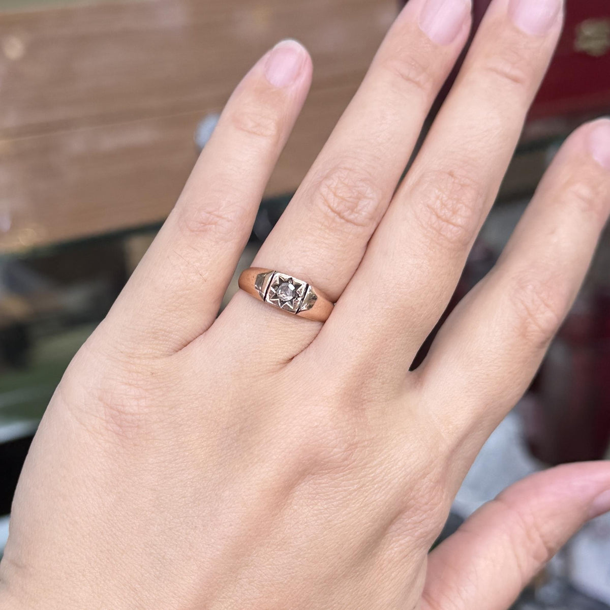 Antique 1890's Victorian Rose Cut Diamond Signet Ring 14k