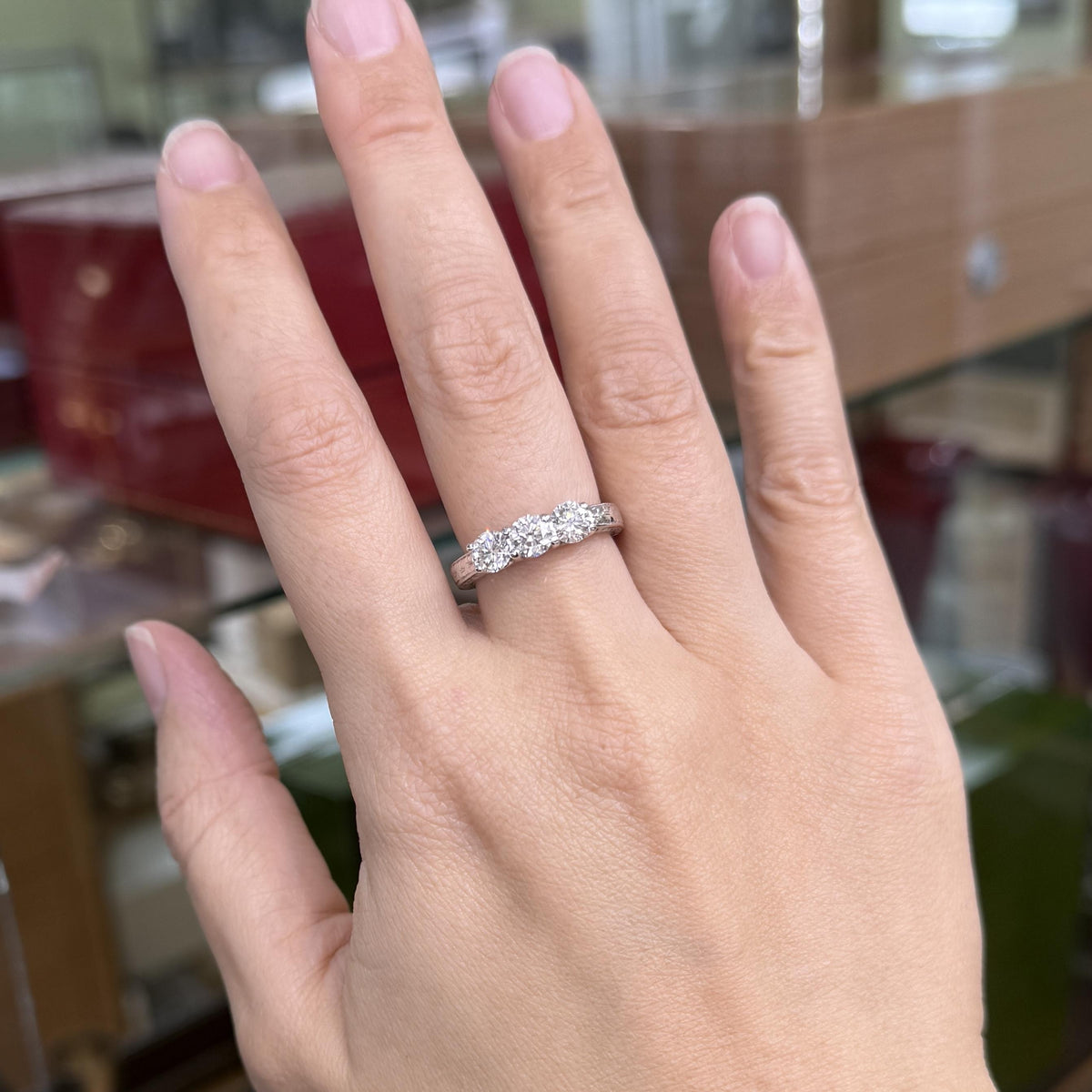 Estate Hand Etched Engraved 3 Stone Diamond Band Ring 14k White Gold