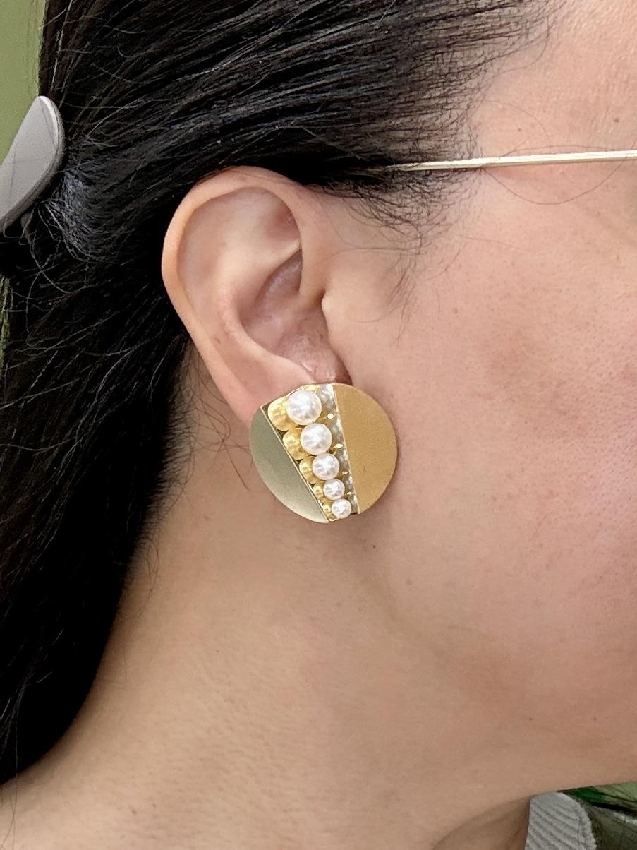 Vintage Designer Pearl Two Tone Statement Clip On Earrings 18k