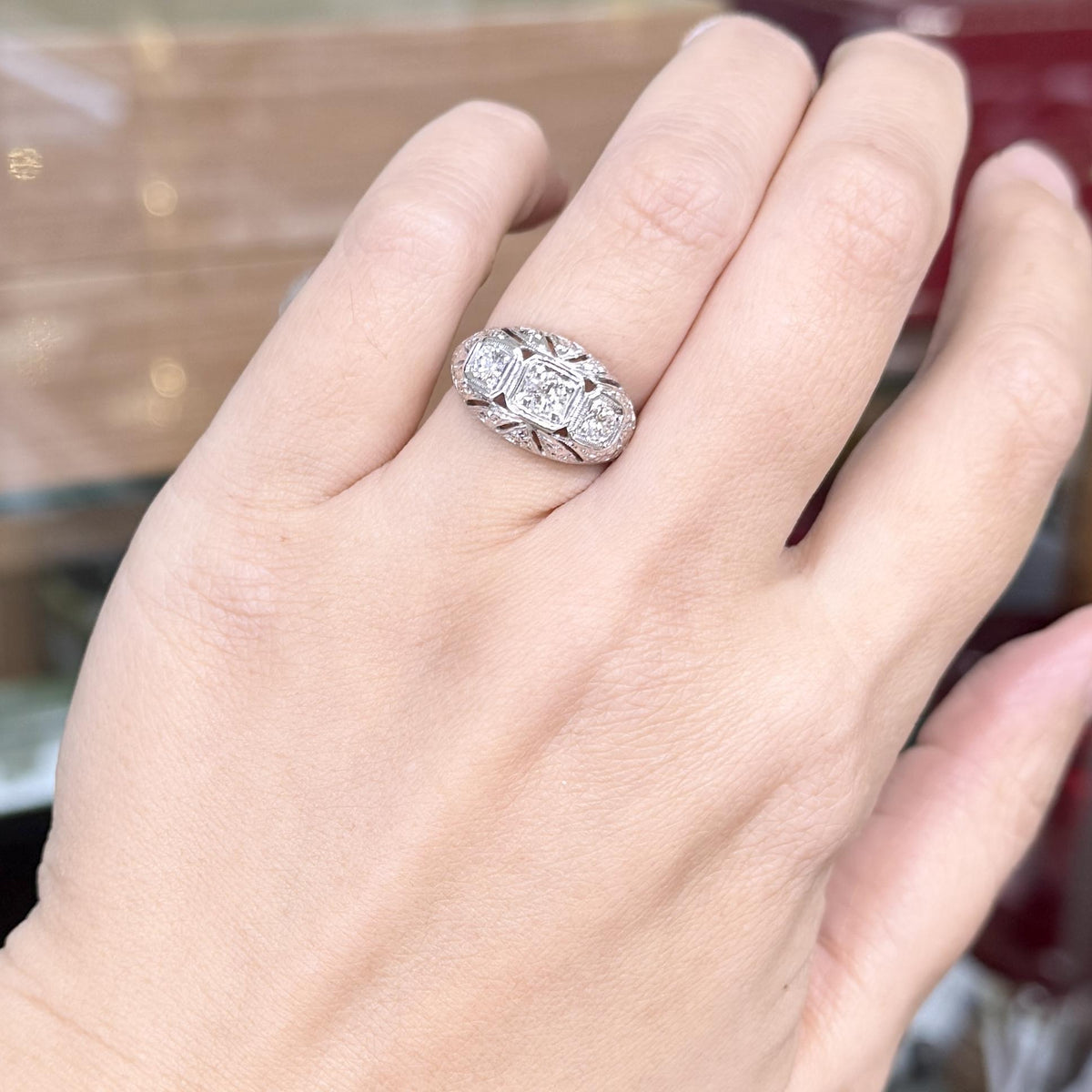 1930's Art Deco 3 Stone Diamond Dome Ring 14k White Gold