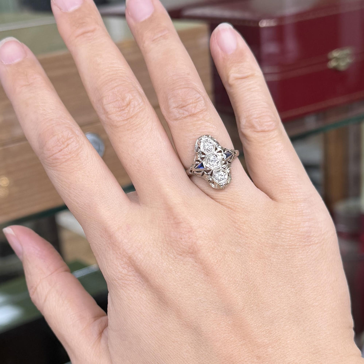 1930's Art Deco Old European Diamond & Sapphire Shield Dinner Ring 18k