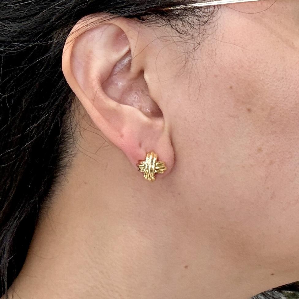 Circa 1990's Tiffany & Co. Signature Small "X" Earrings 18k Yellow Gold