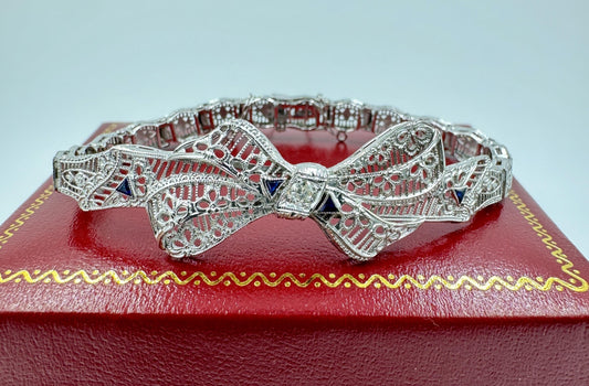 Art Deco 10k White Gold Filigree Diamond Bow Bracelet