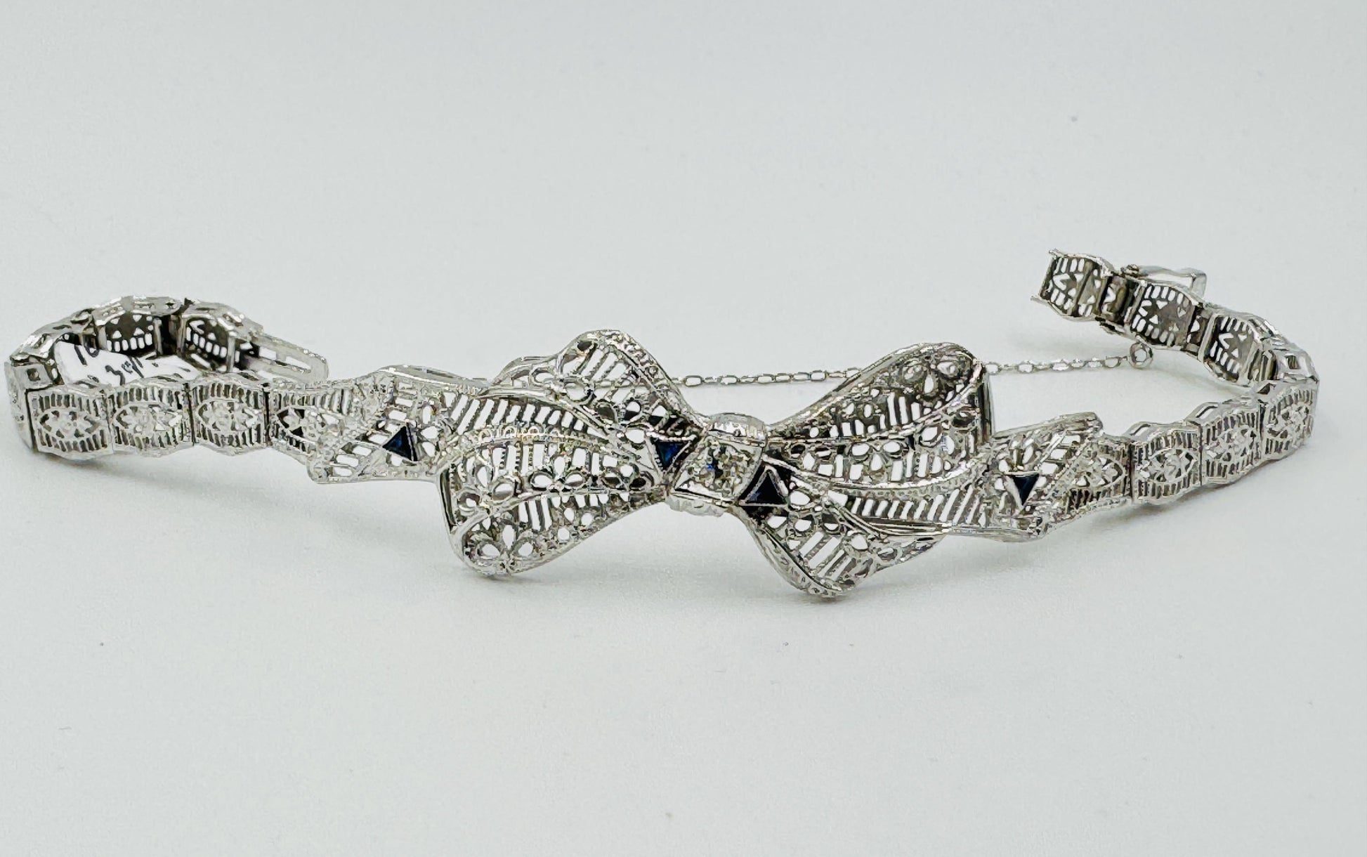 Art Deco 10k White Gold Filigree Diamond Bow Bracelet