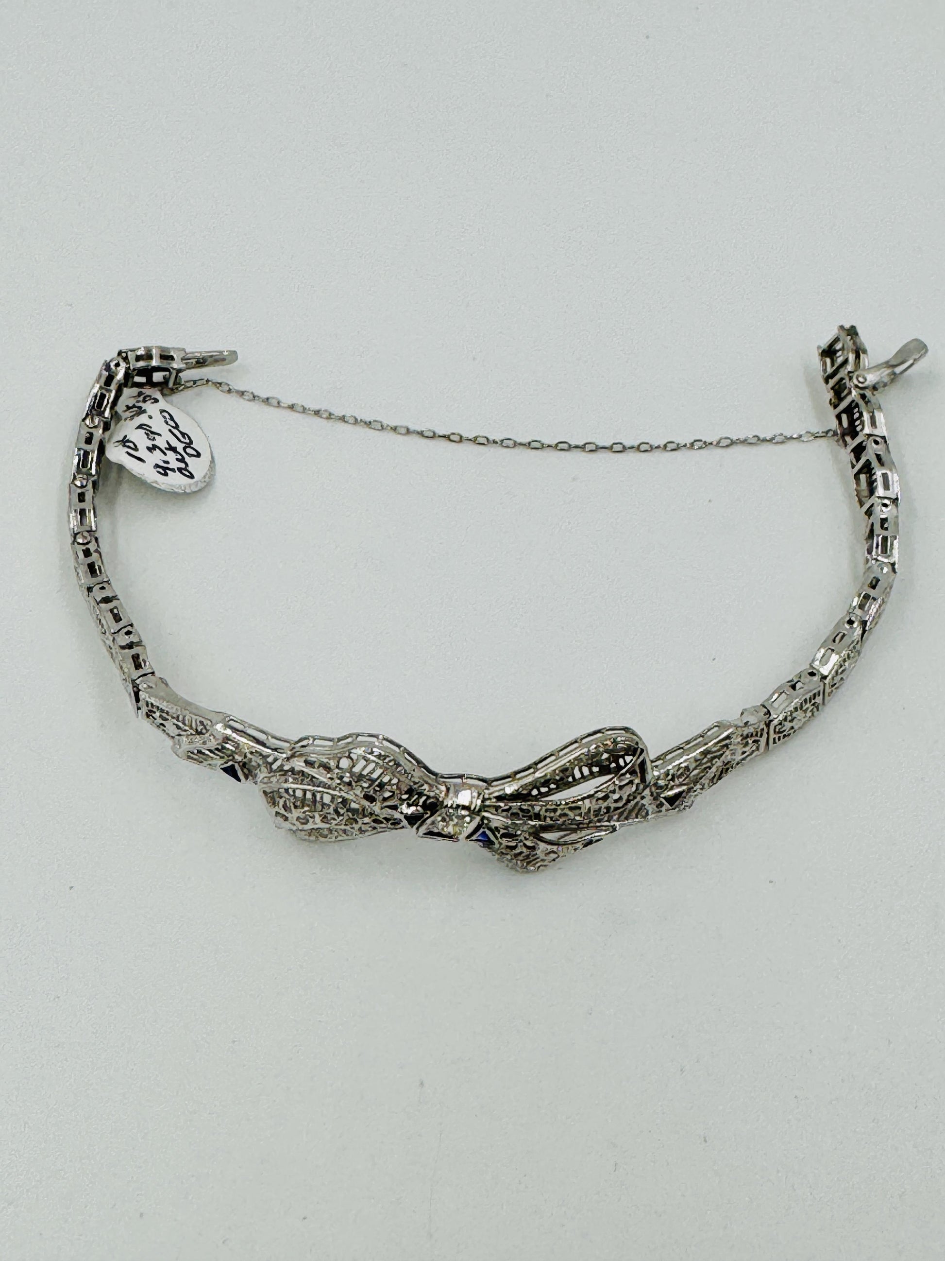 Art Deco 10k White Gold Filigree Diamond Bow Bracelet