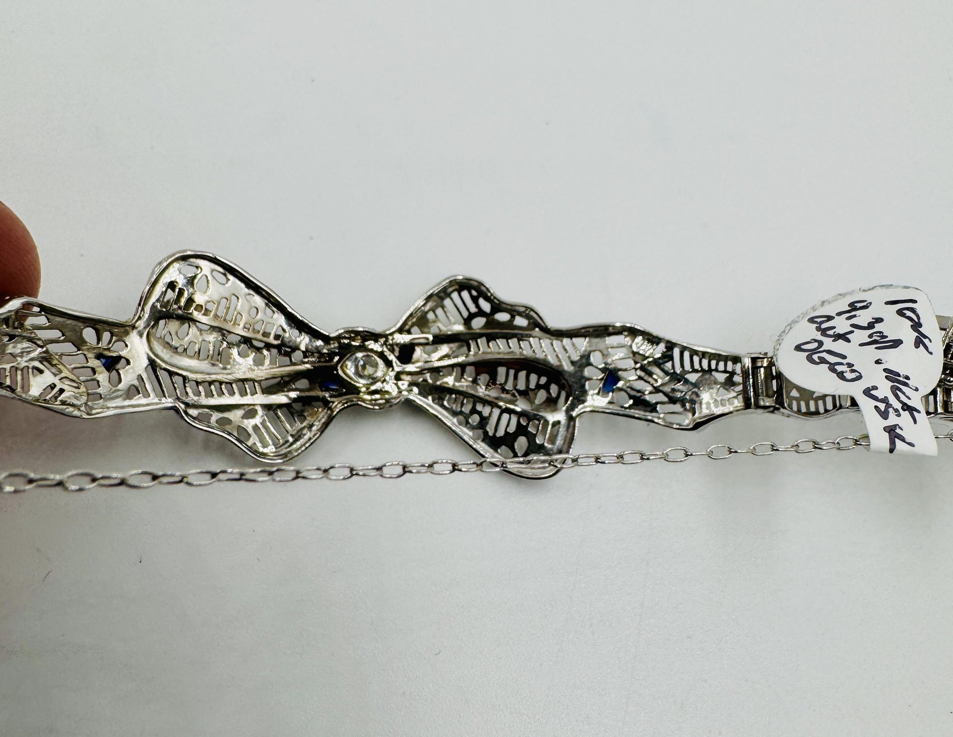 Art Deco 10k White Gold Filigree Diamond Bow Bracelet