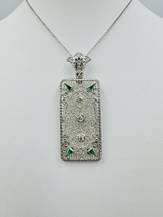 Art Deco 14k White Gold Filigree Diamond Pendant