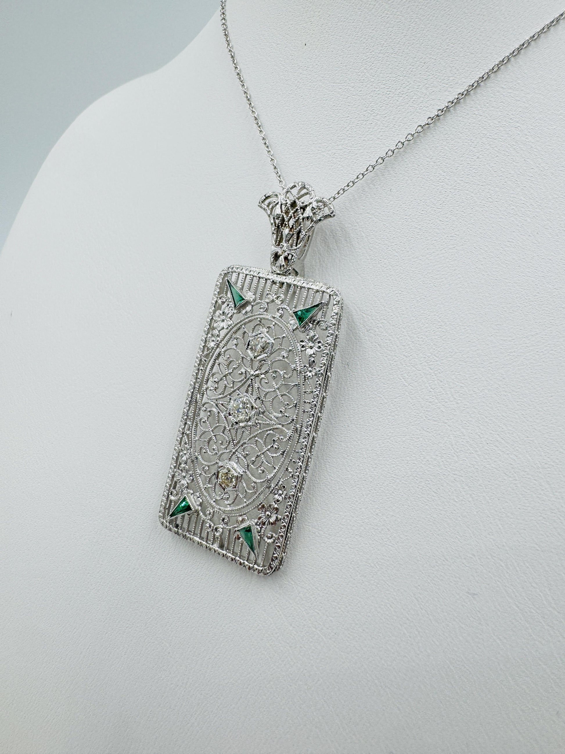 Art Deco 14k White Gold Filigree Diamond Pendant