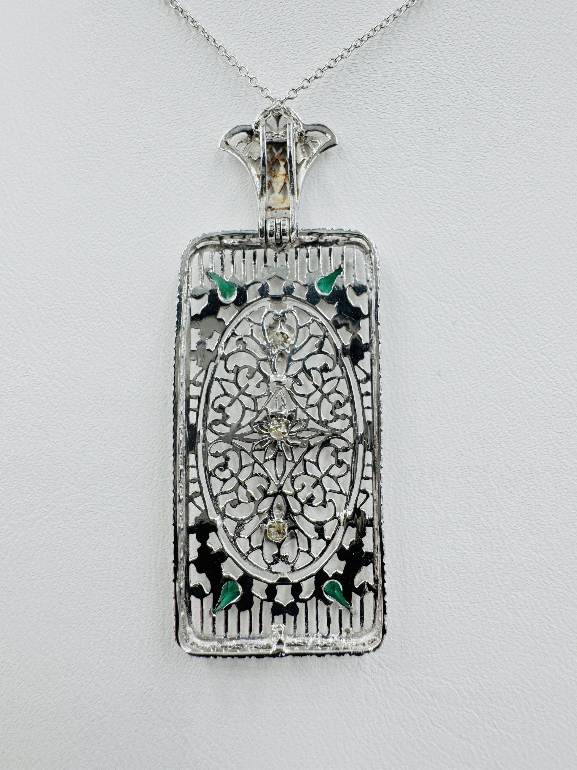 Art Deco 14k White Gold Filigree Diamond Pendant