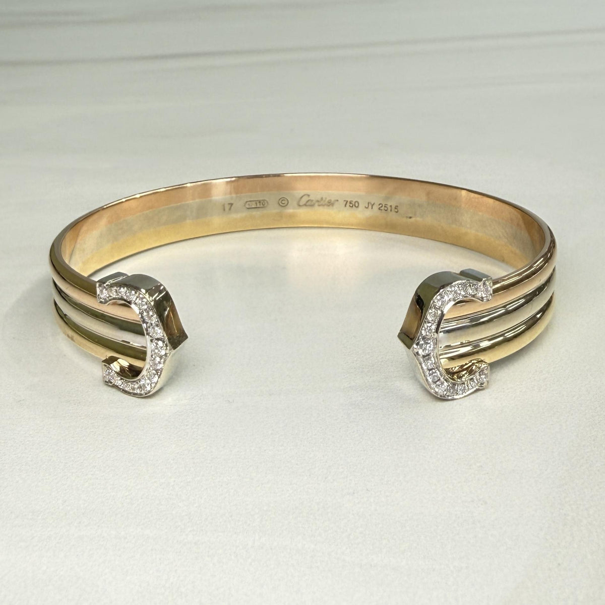 Cartier Double Diamond C Tri-Color Gold Cuff Bracelet 18k Gold