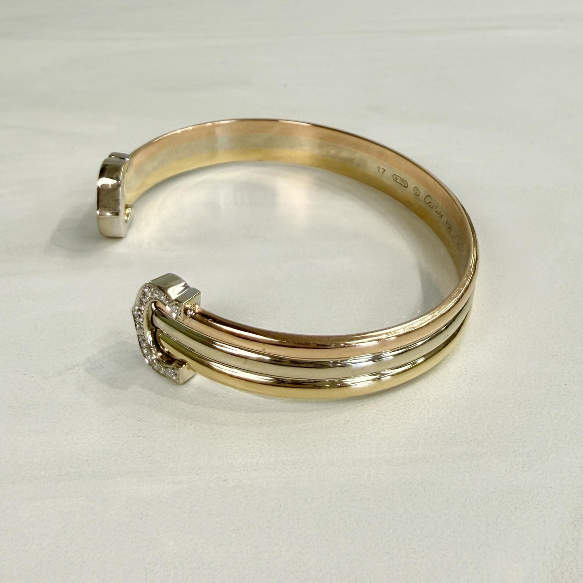 Cartier Double Diamond C Tri-Color Gold Cuff Bracelet 18k Gold