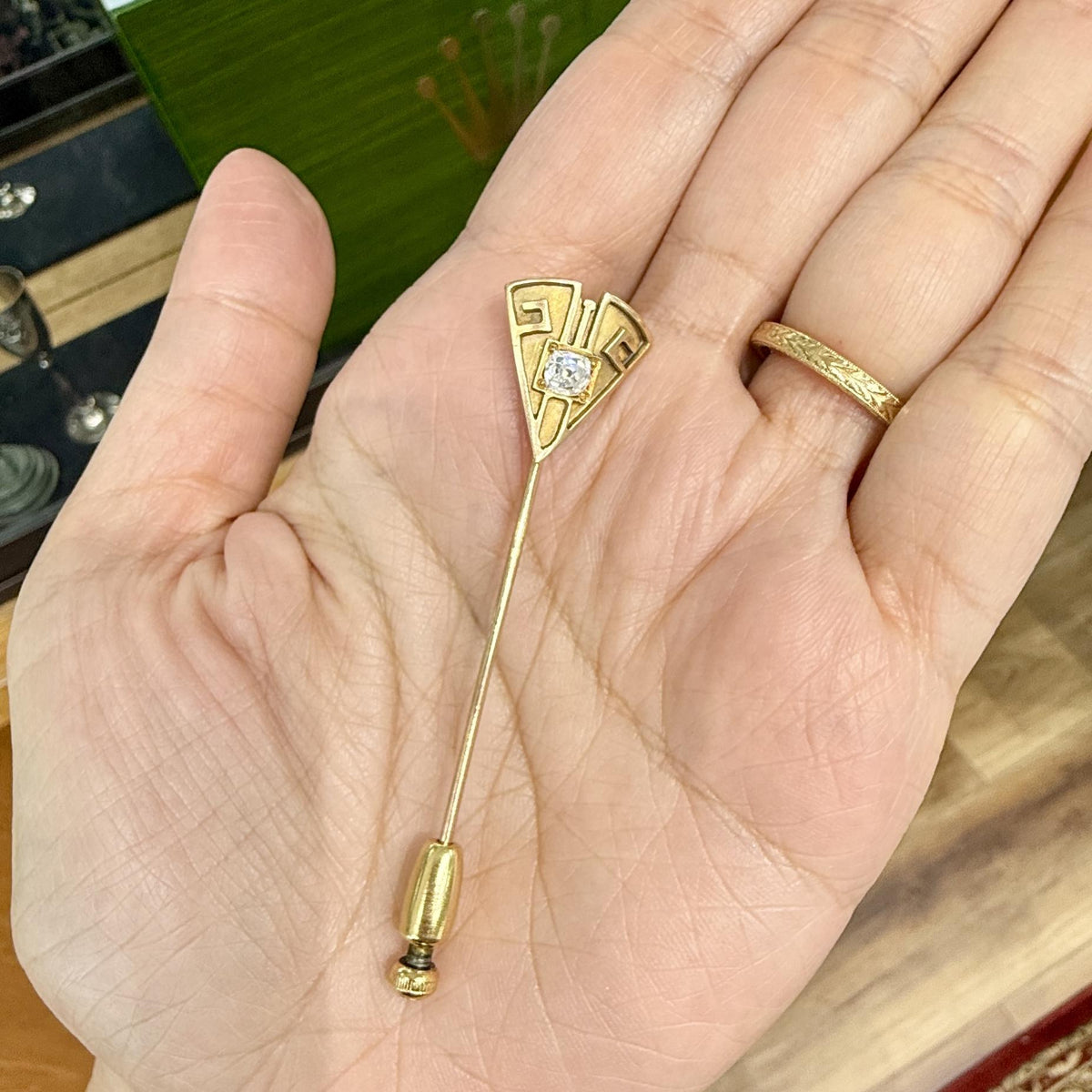 Antique Art Deco Old Mine Cut Diamond Geometric Stick Pin 14k