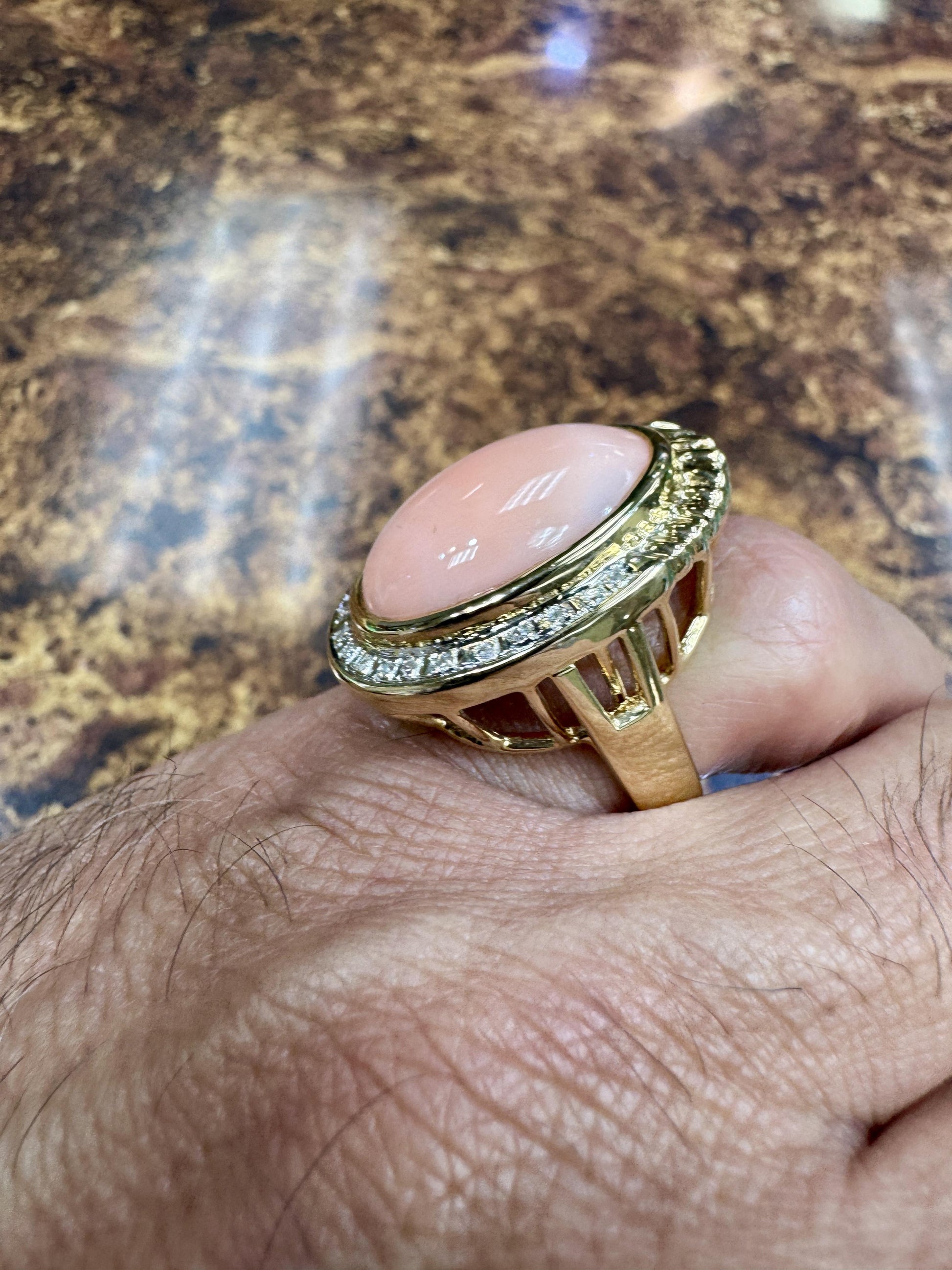 Estate 14k Gold Angel Skin Coral Diamond Cocktail Ring