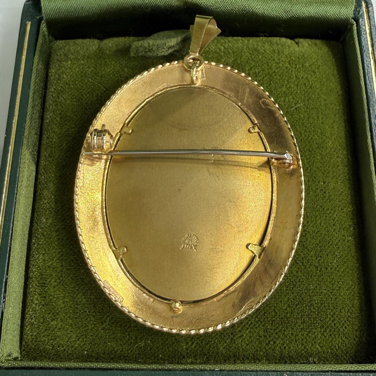Italian Corletto Miniature Portrait Pearl Halo Pendant Brooch 18k Yellow Gold