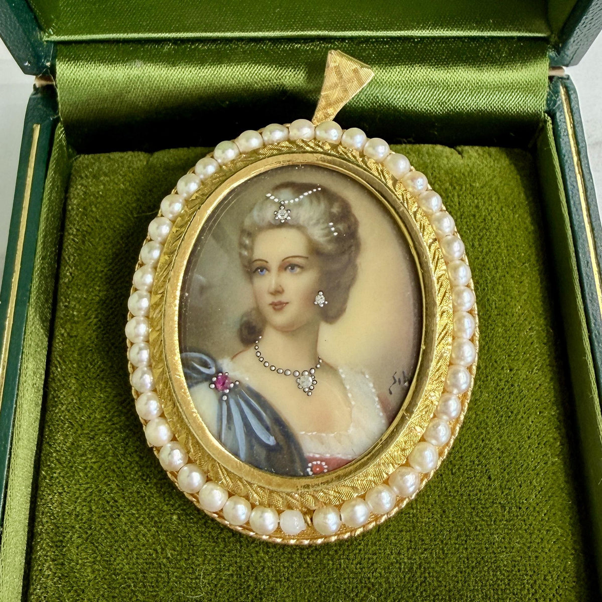 Italian Corletto Miniature Portrait Pearl Halo Pendant Brooch 18k Yellow Gold