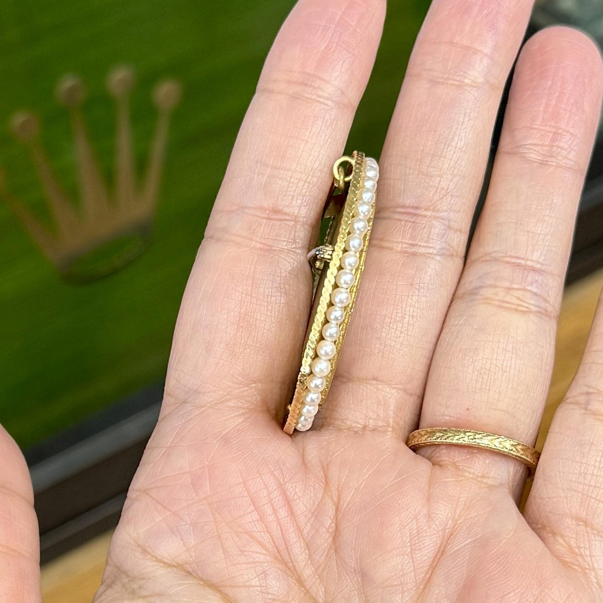 Italian Corletto Miniature Portrait Pearl Halo Pendant Brooch 18k Yellow Gold