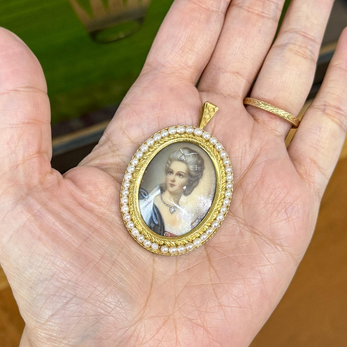 Italian Corletto Miniature Portrait Pearl Halo Pendant Brooch 18k Yellow Gold