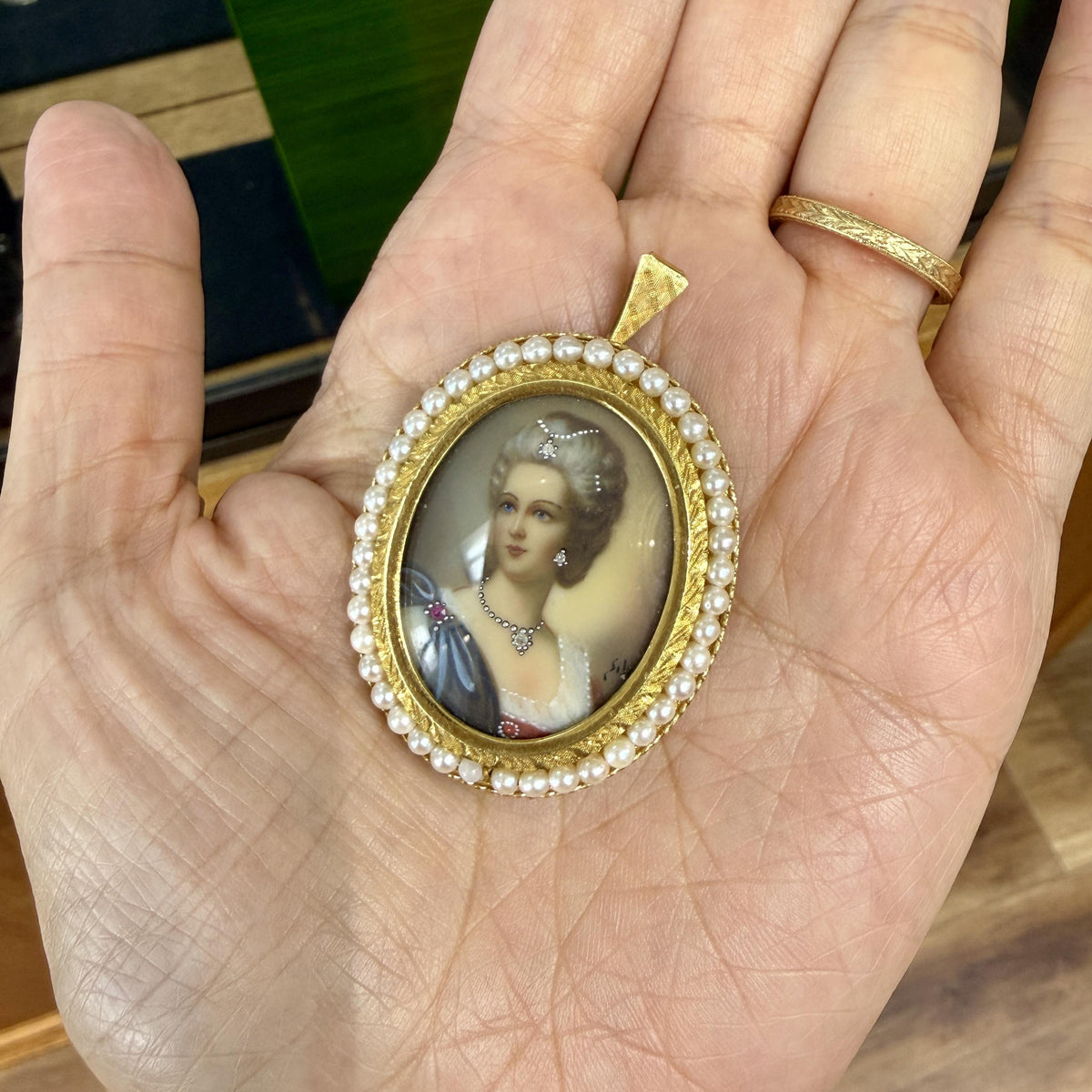 Italian Corletto Miniature Portrait Pearl Halo Pendant Brooch 18k Yellow Gold