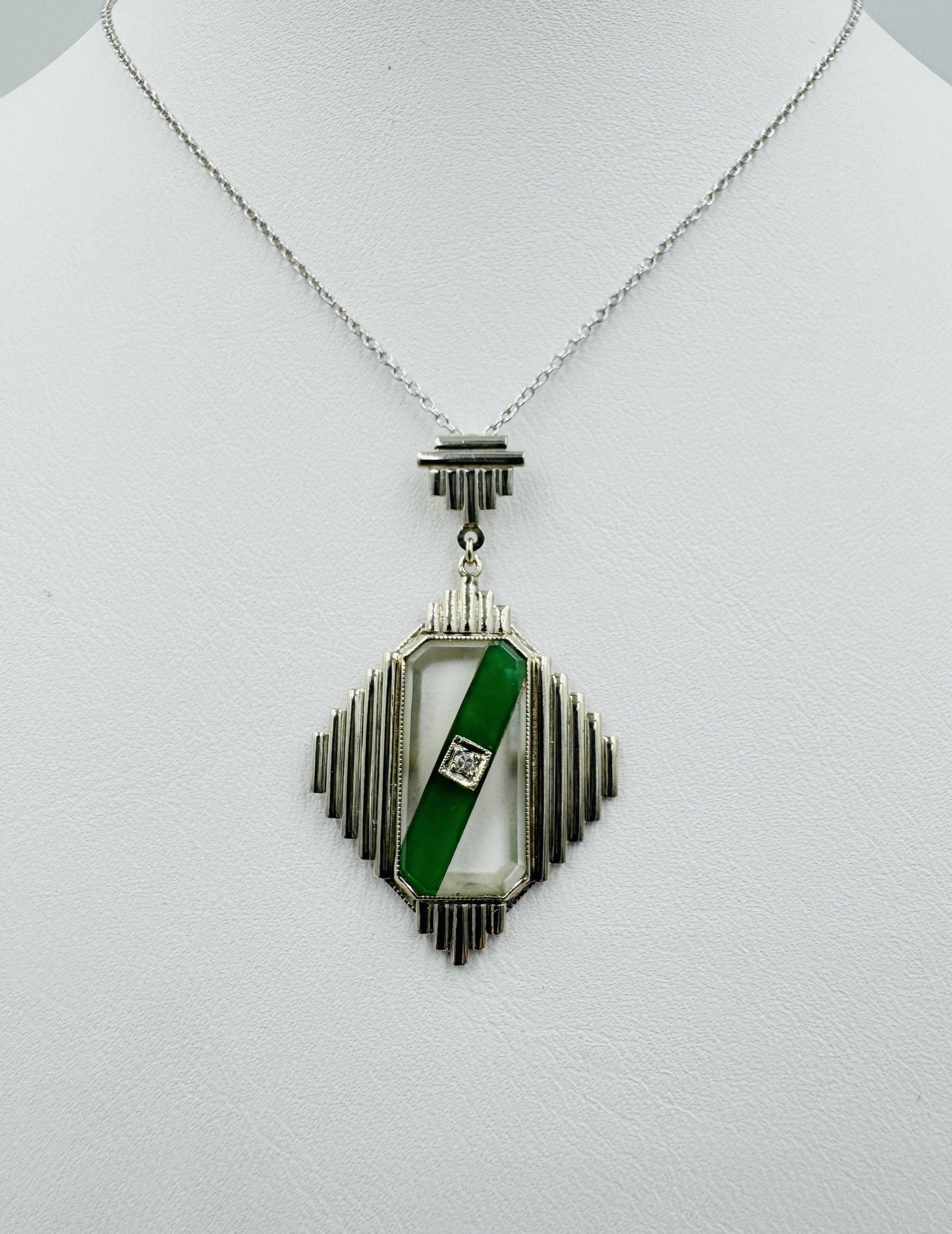 Art Deco 14k White Gold Green stone Diamond Pendant Necklace