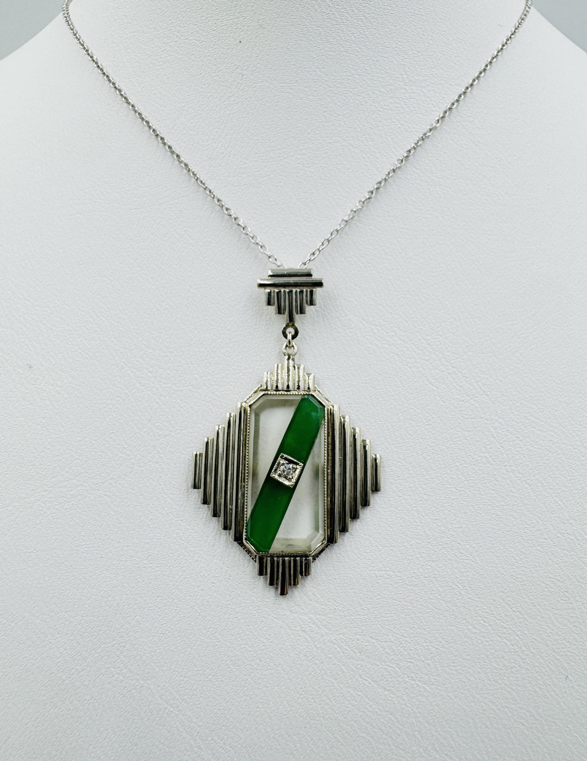 Art Deco 14k White Gold Green stone Diamond Pendant Necklace