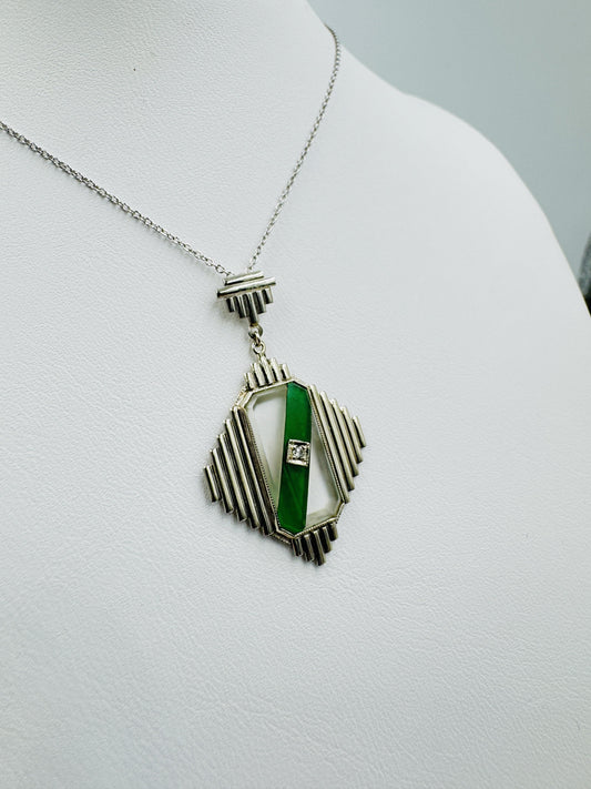 Art Deco 14k White Gold Green stone Diamond Pendant Necklace