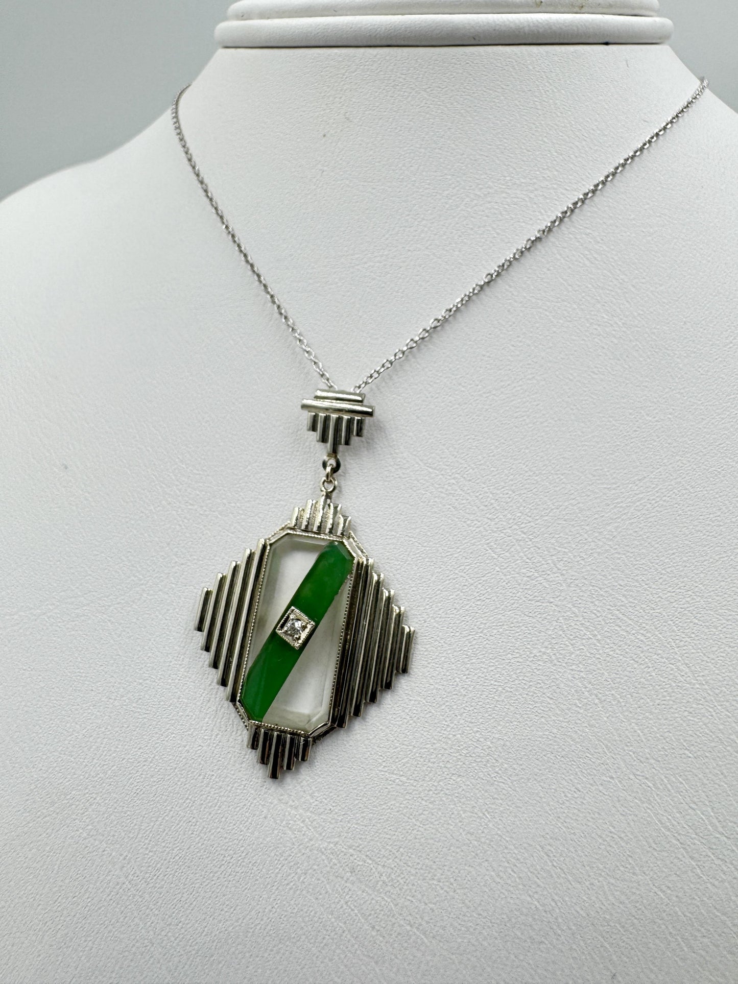 Art Deco 14k White Gold Green stone Diamond Pendant Necklace