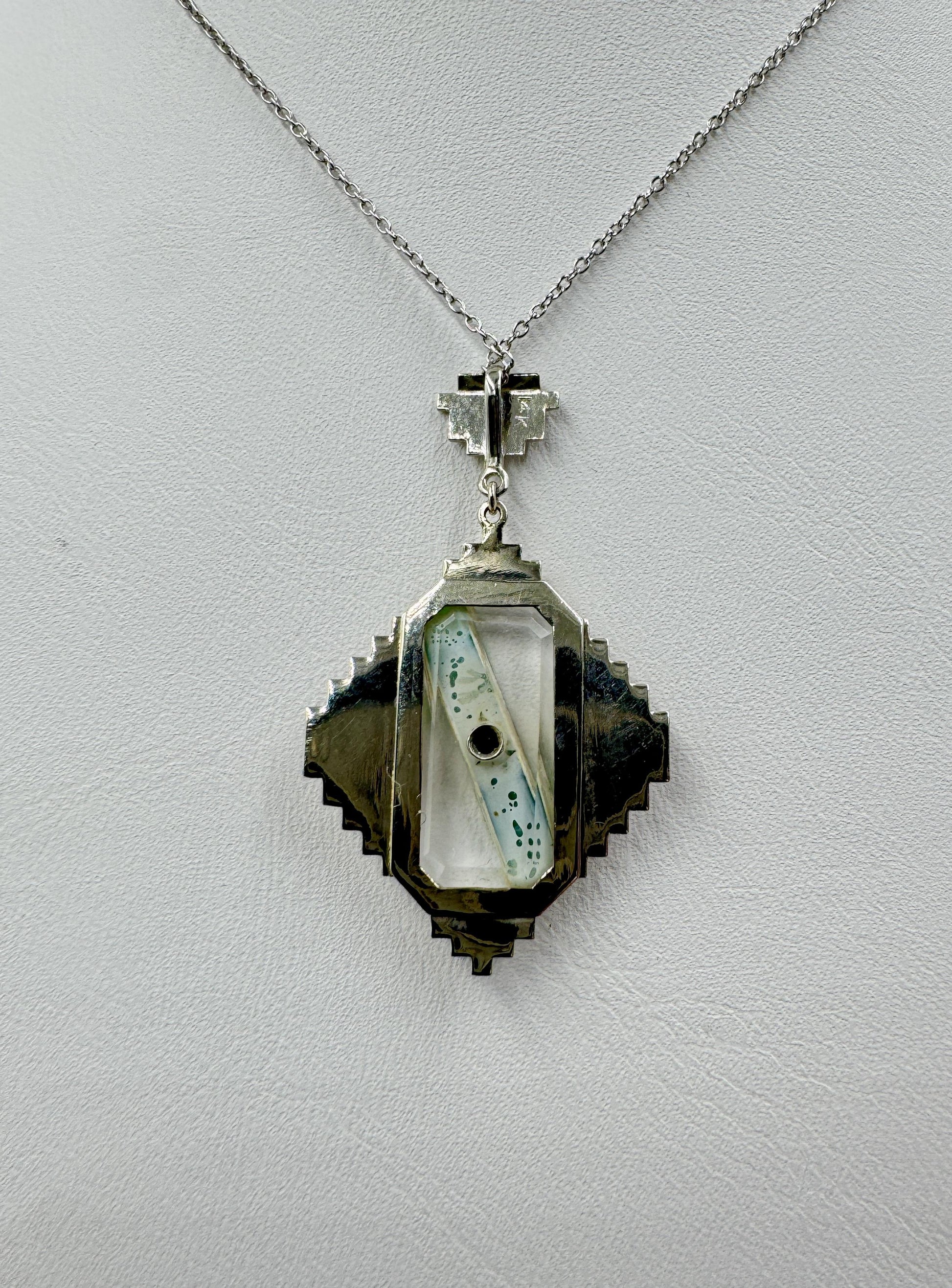 Art Deco 14k White Gold Green stone Diamond Pendant Necklace