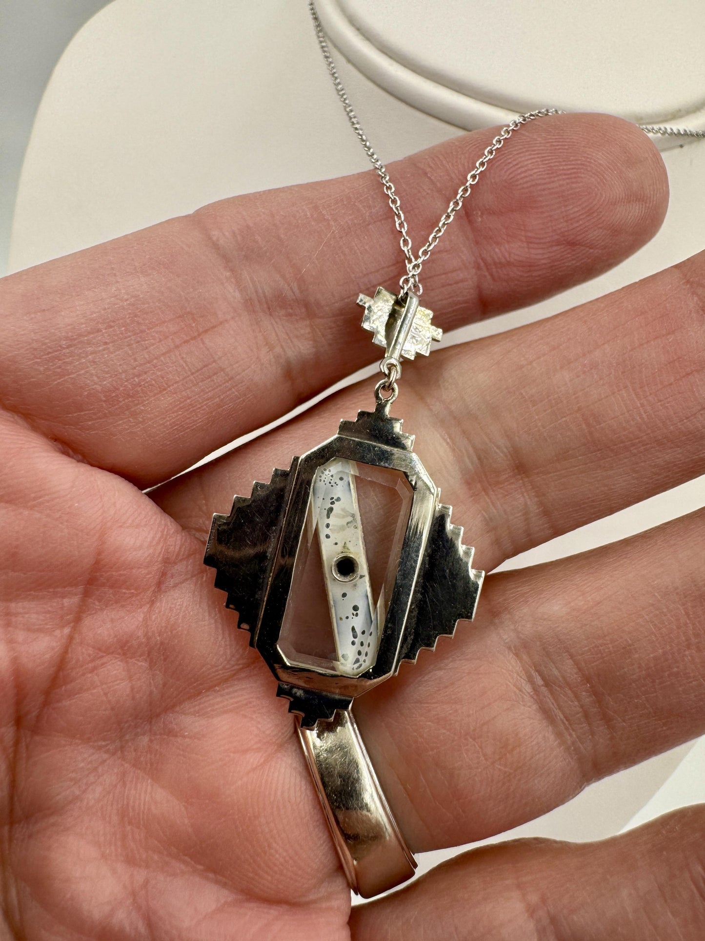 Art Deco 14k White Gold Green stone Diamond Pendant Necklace