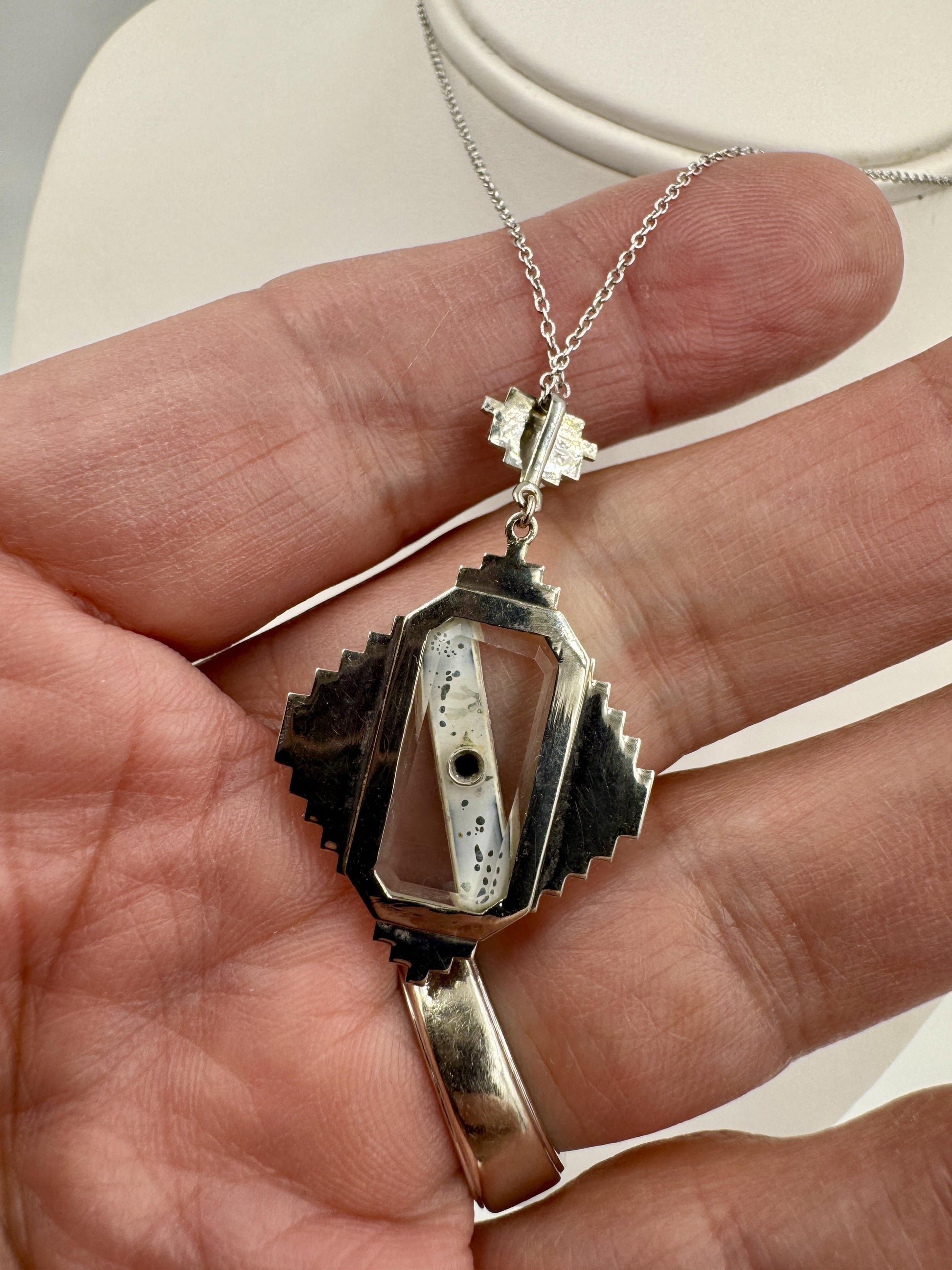 Art Deco 14k White Gold Green stone Diamond Pendant Necklace