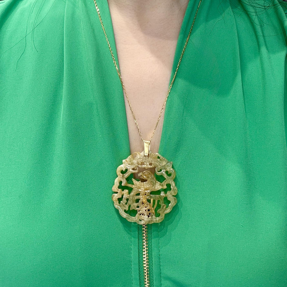 Vintage Carved Nephrite Jade Bird Pendant 14k Yellow Gold