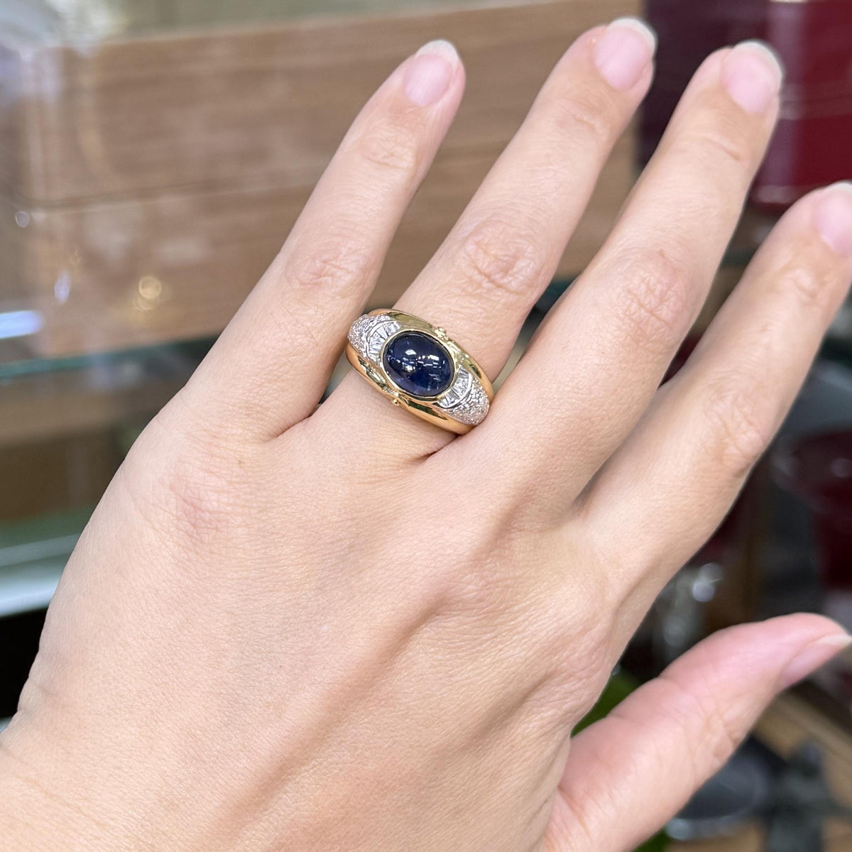 Unheated Star Sapphire Cabochon and Diamond Ring 18k