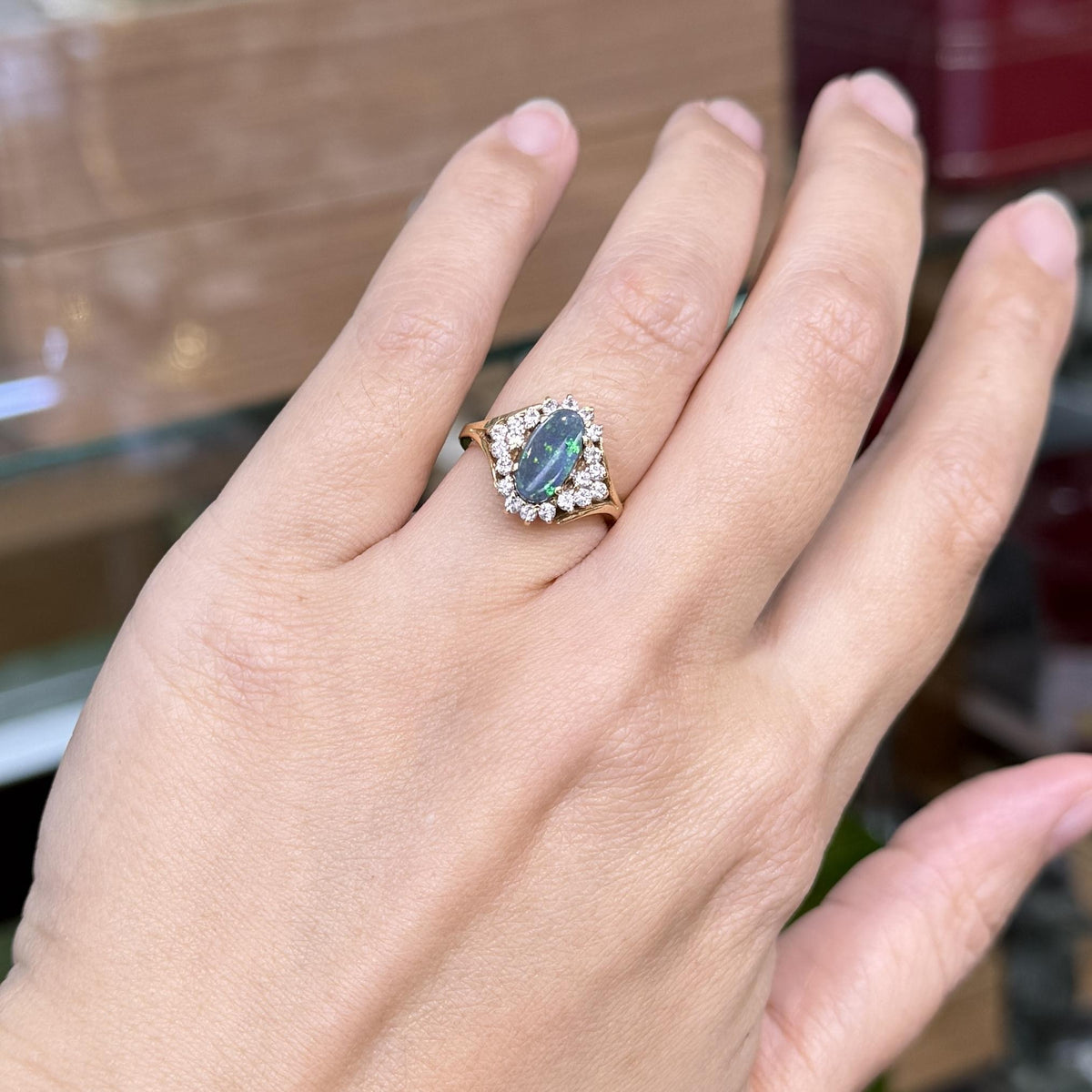 Vintage Black Opal Diamond Ring 14k Yellow Gold