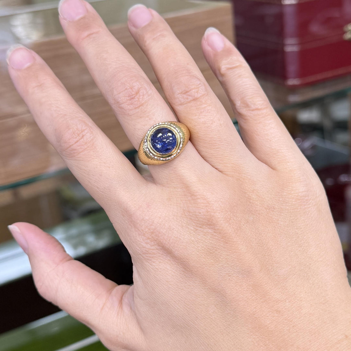 Vintage Hammerman Brothers Cabochon Sapphire Diamond Yellow Gold Ring 18K